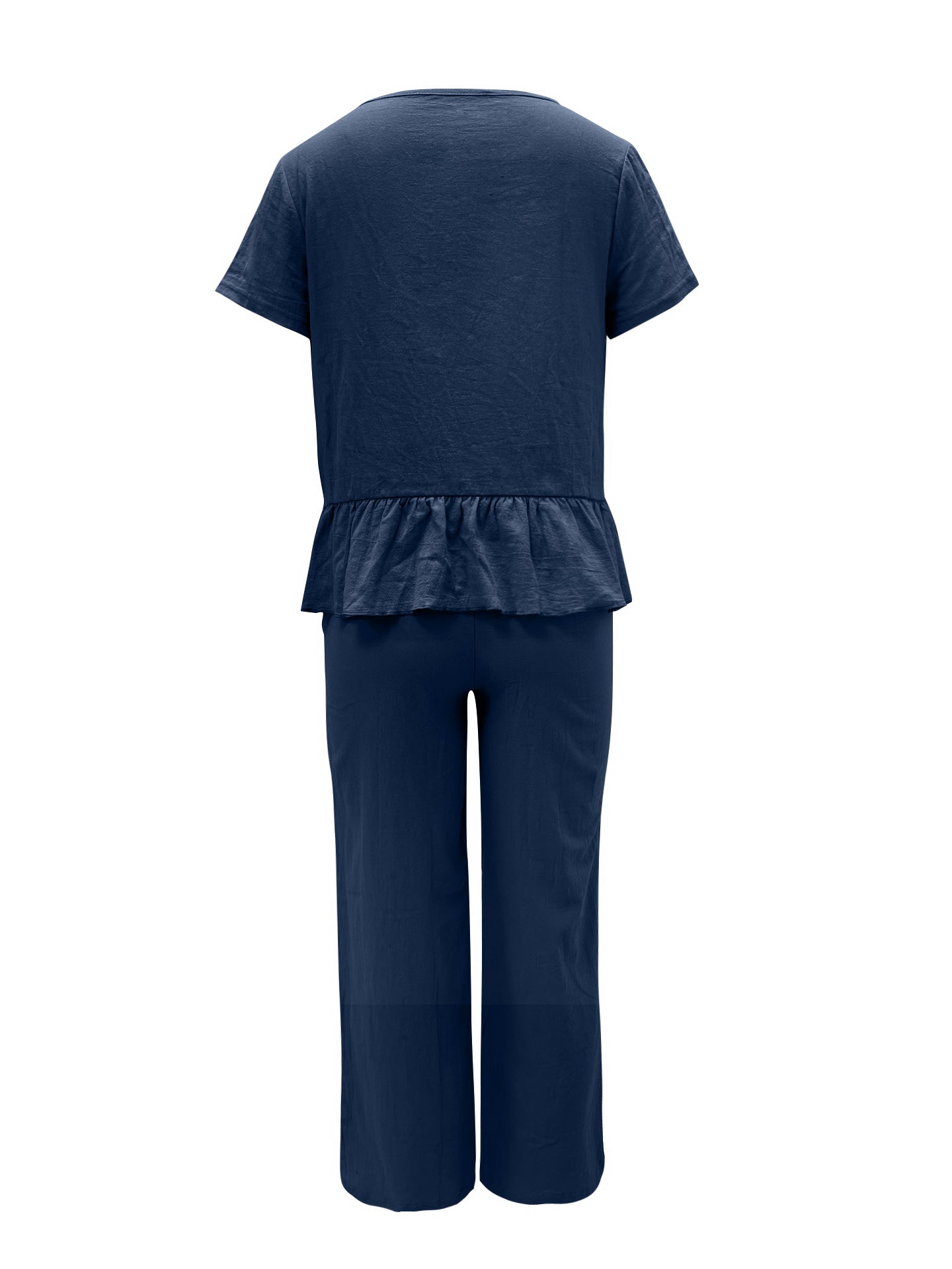 BELLA Trendsi peplum round neck short sleeve top and matching pants set, stylish and comfortable women's fashion ensemble.