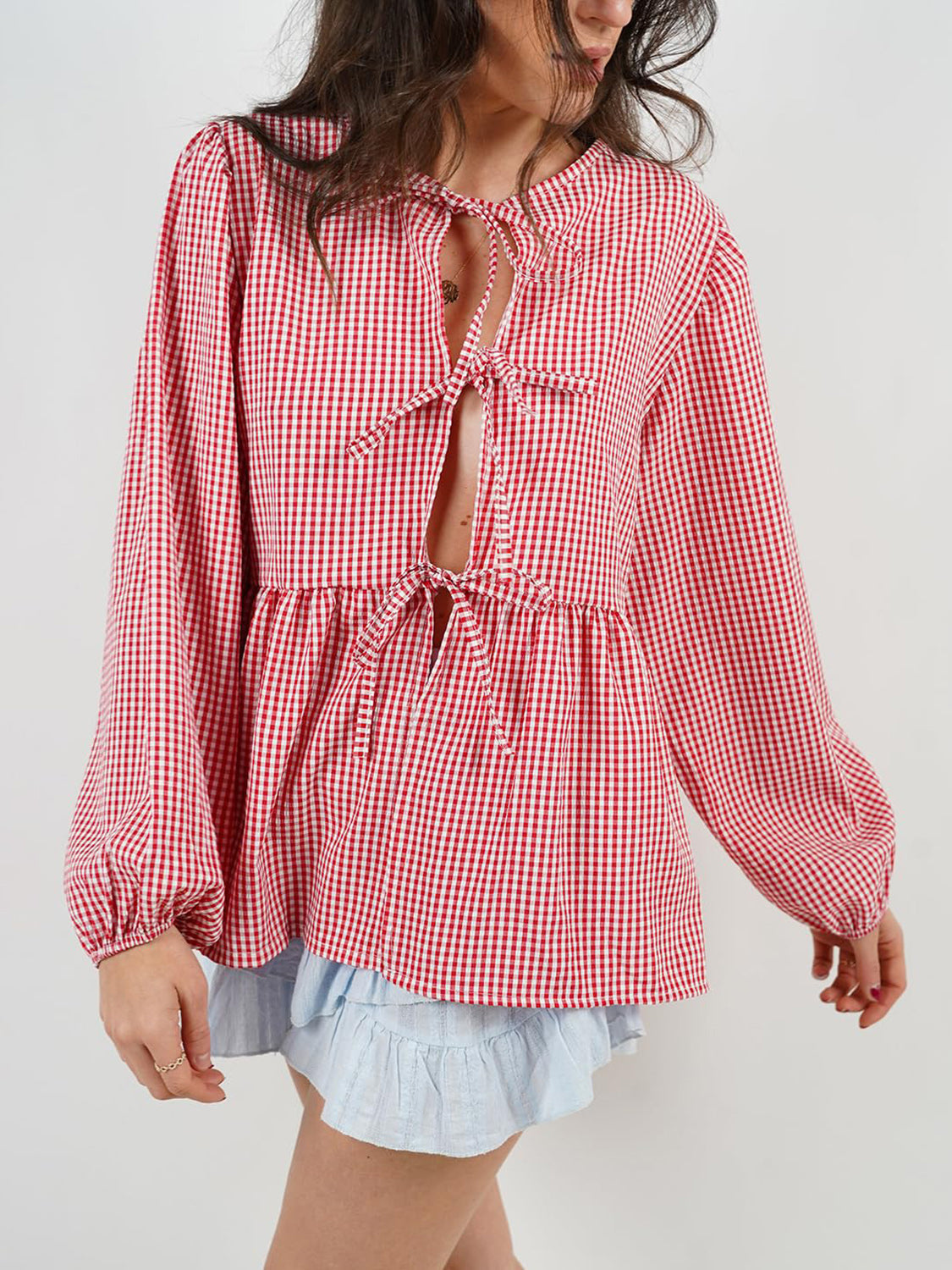 BELLA BLA tied round neck long sleeve blouse from trendsi, soft fabric with a stylish tied detail at the neck.