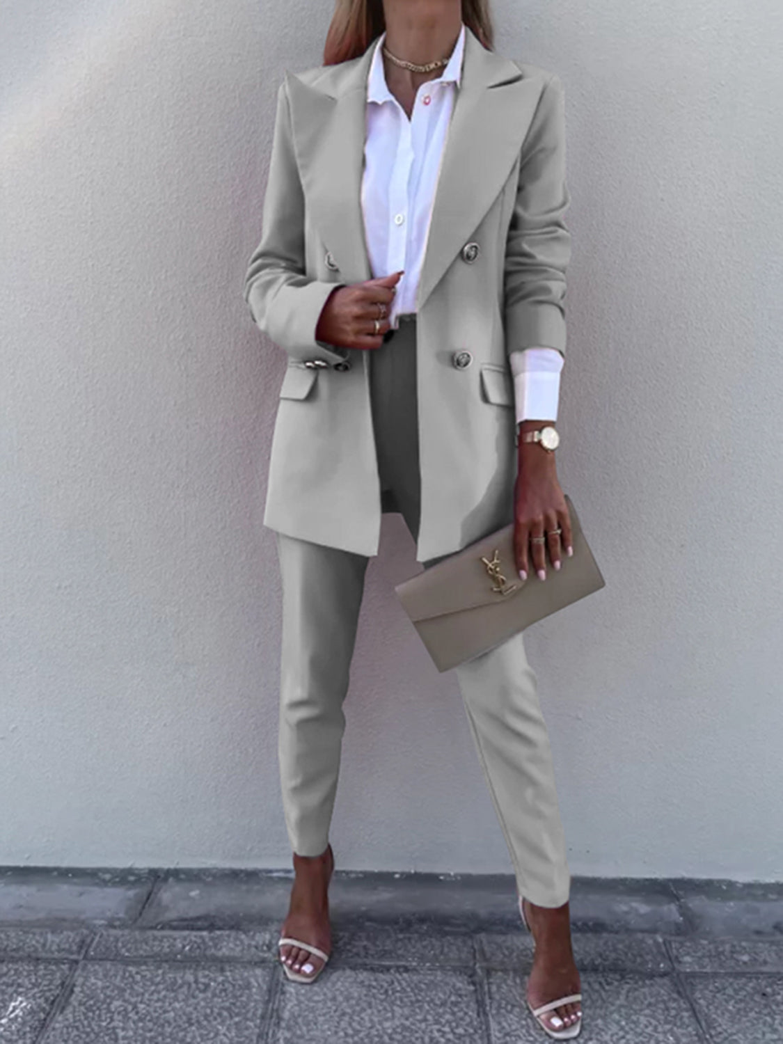 BELLA Trendsi lapel collar long sleeve blazer and matching pants set, stylish formal wear, shown in a coordinated fashion.