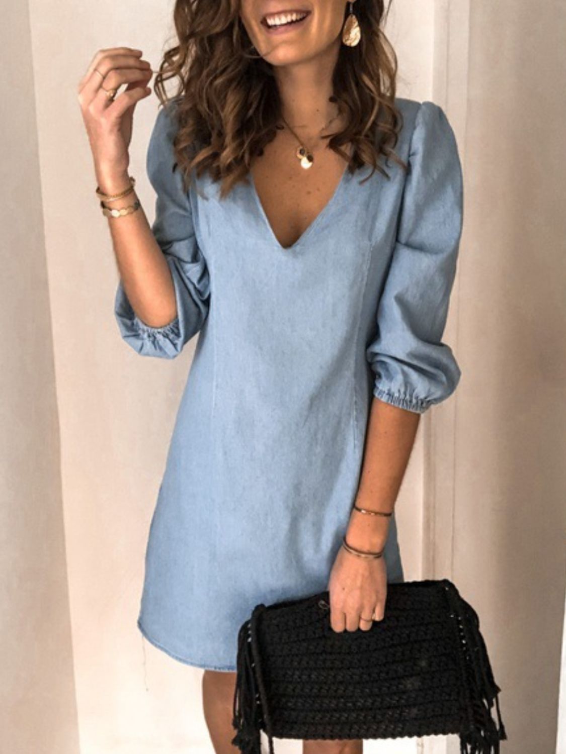 Full size BELLA V-neck half sleeve dress from Trendsi, featuring a stylish V-neckline and comfortable half sleeves.
