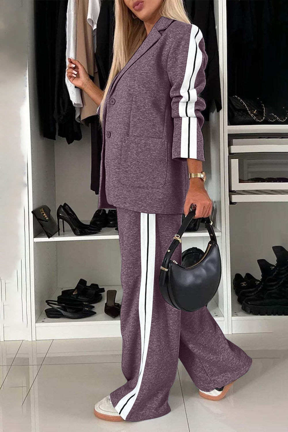 BELLA Trendsi full size contrast lapel collar top and pants set, featuring a stylish, coordinated outfit with a lapel collar design.