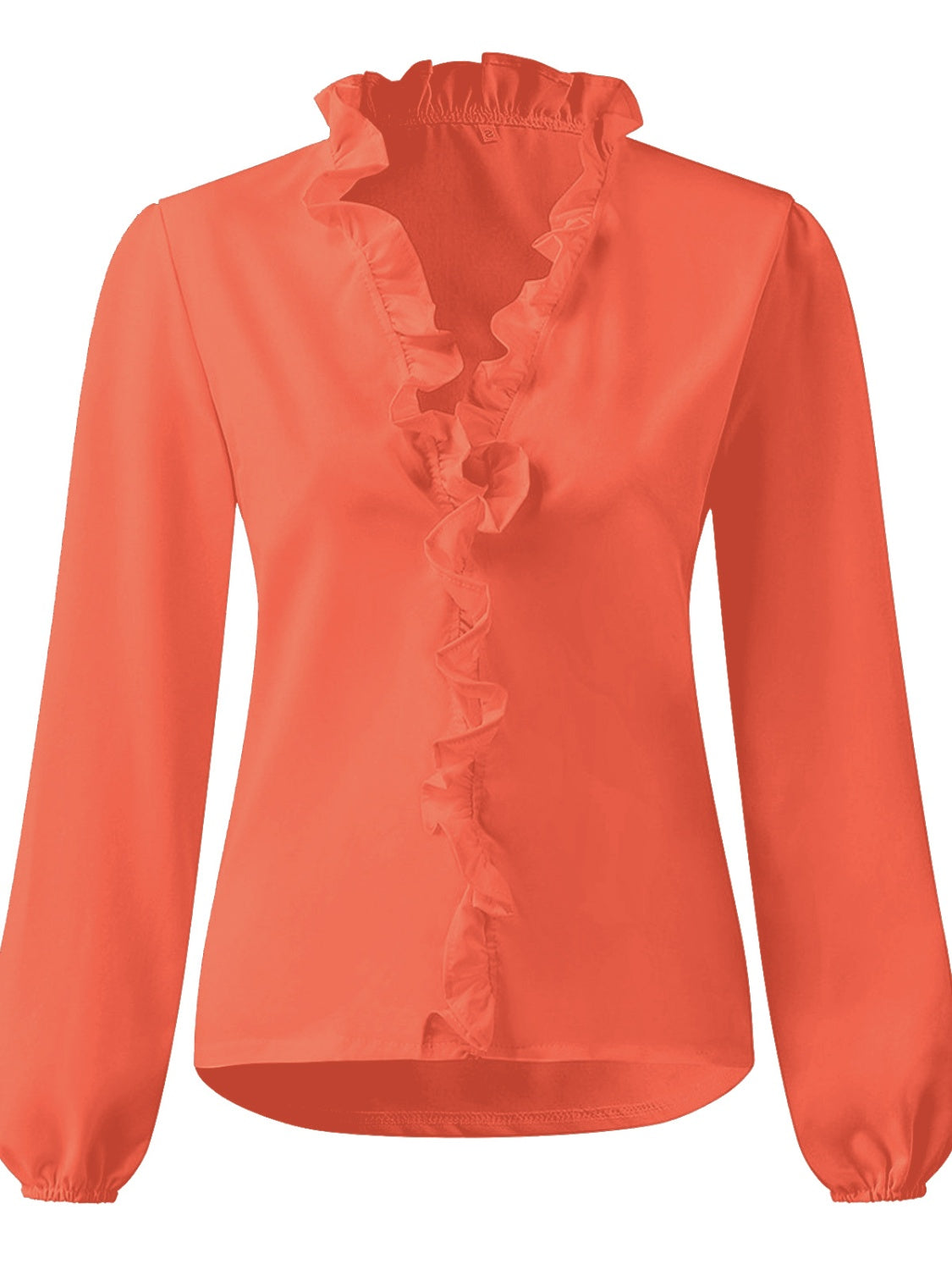 Full size BELLA BLA ruffled v-neck long sleeve blouse with a feminine design and flowing fabric, shown in natural light.