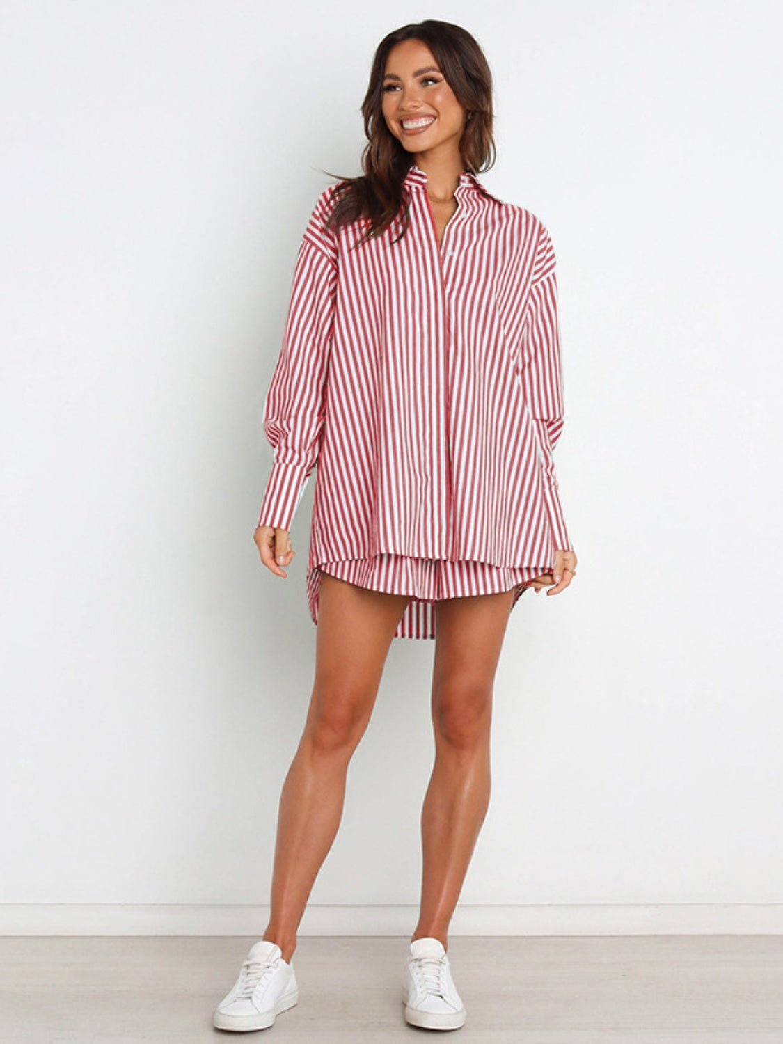 BELLA striped dropped shoulder shirt and shorts set from trendsi, featuring a relaxed fit with bold horizontal stripes.