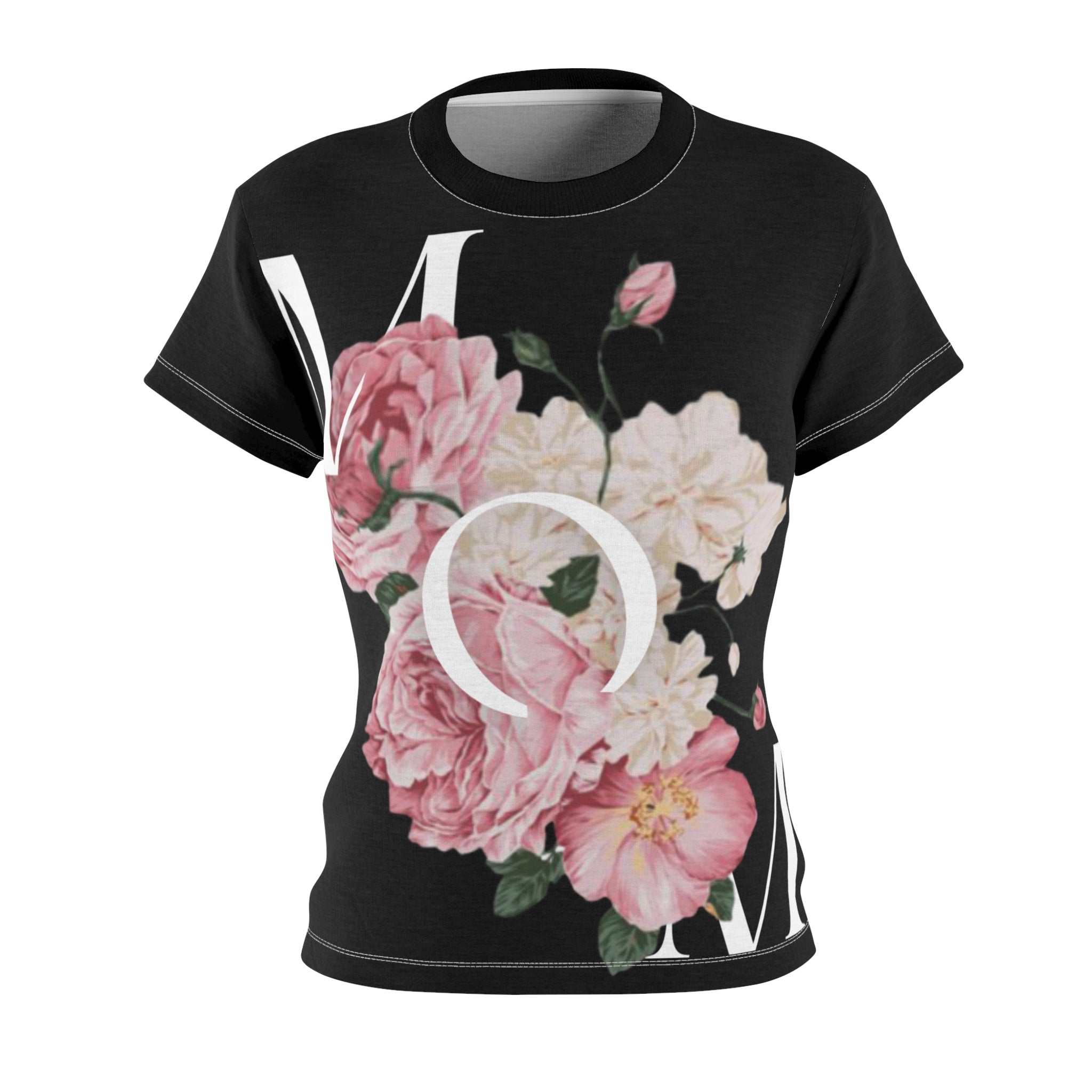 BELLA MOM flowers printed T-shirt featuring colorful floral design on a casual cotton tee.