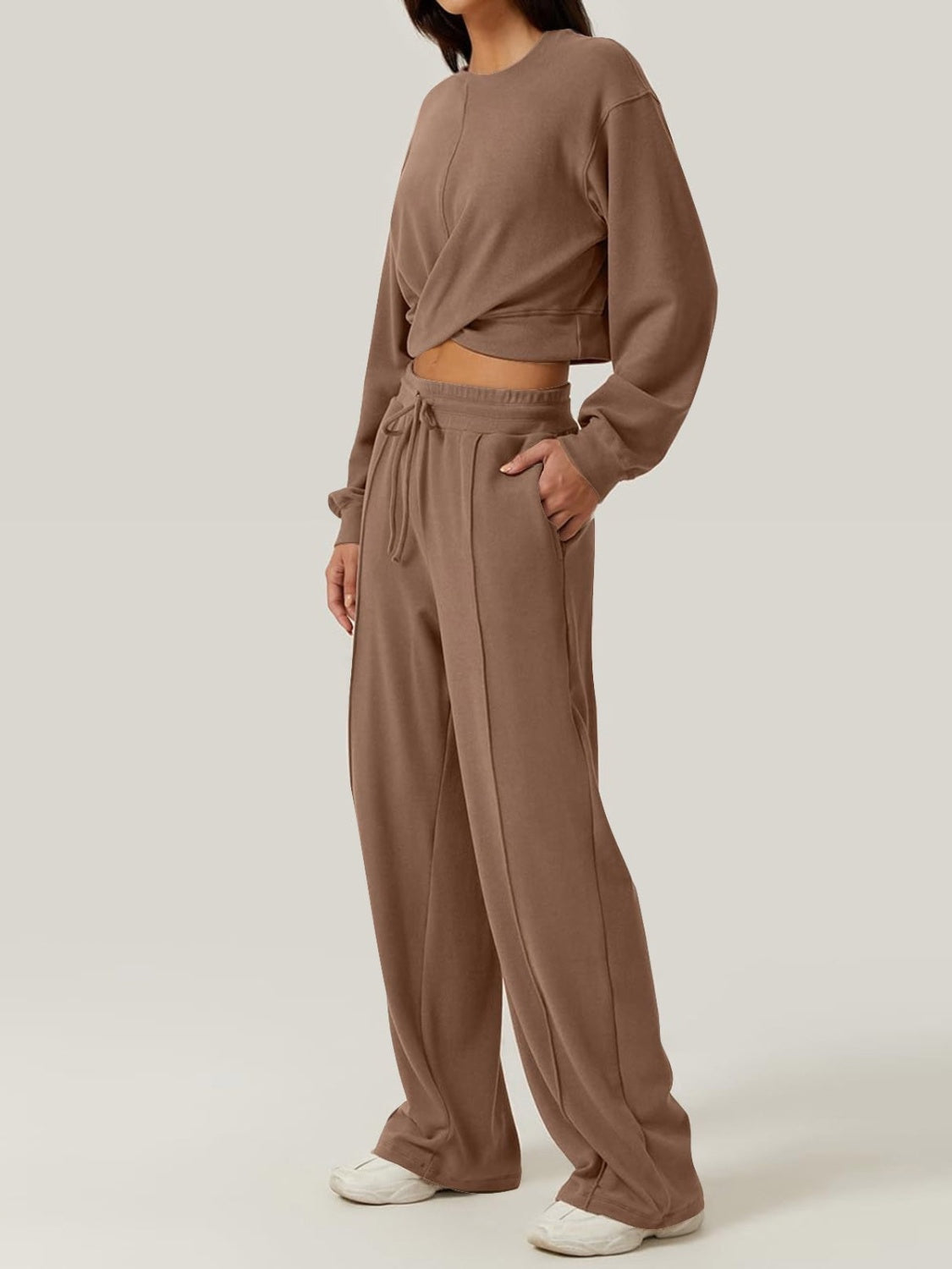 BELLA Trendsi crisscross round neck top and drawstring pants set, stylish matching loungewear with a comfortable fit.