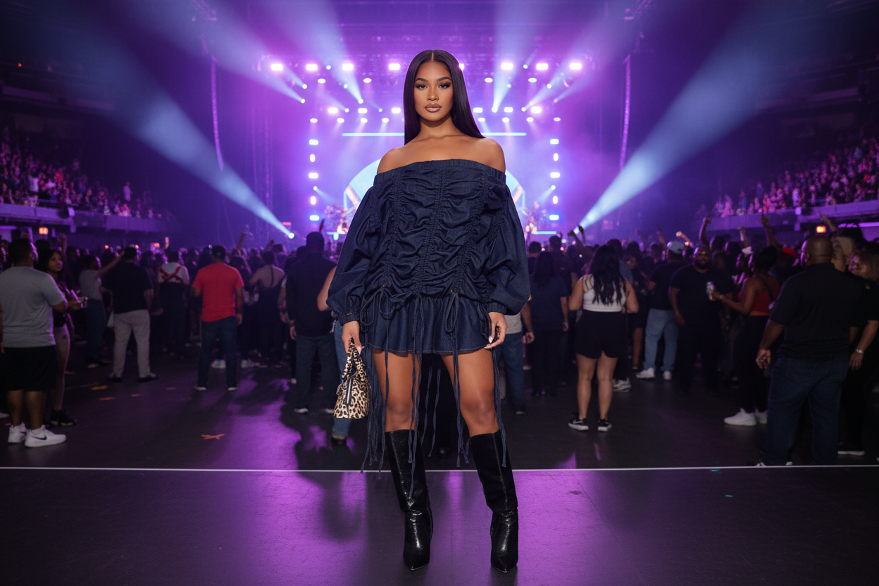 Off-Shoulder Ruched Denim Dress