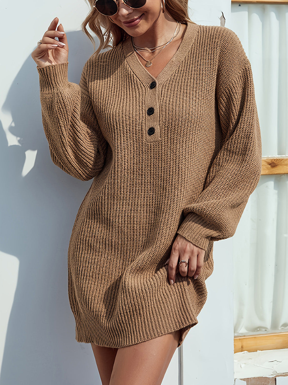 BELLA V-neck dropped shoulder mini sweater dress in soft knit fabric, featuring a relaxed fit and long sleeves.