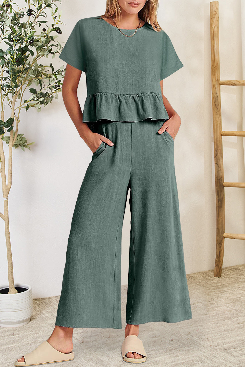BELLA trendsi peplum round neck short sleeve top and matching pants set, shown in a stylish, coordinated outfit in a fashion image.