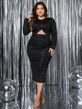 BELLA Honey Plus Size Cutout Slit Round Neck Long Sleeve Dress, trendy fashion with a stylish cutout design and slit detail