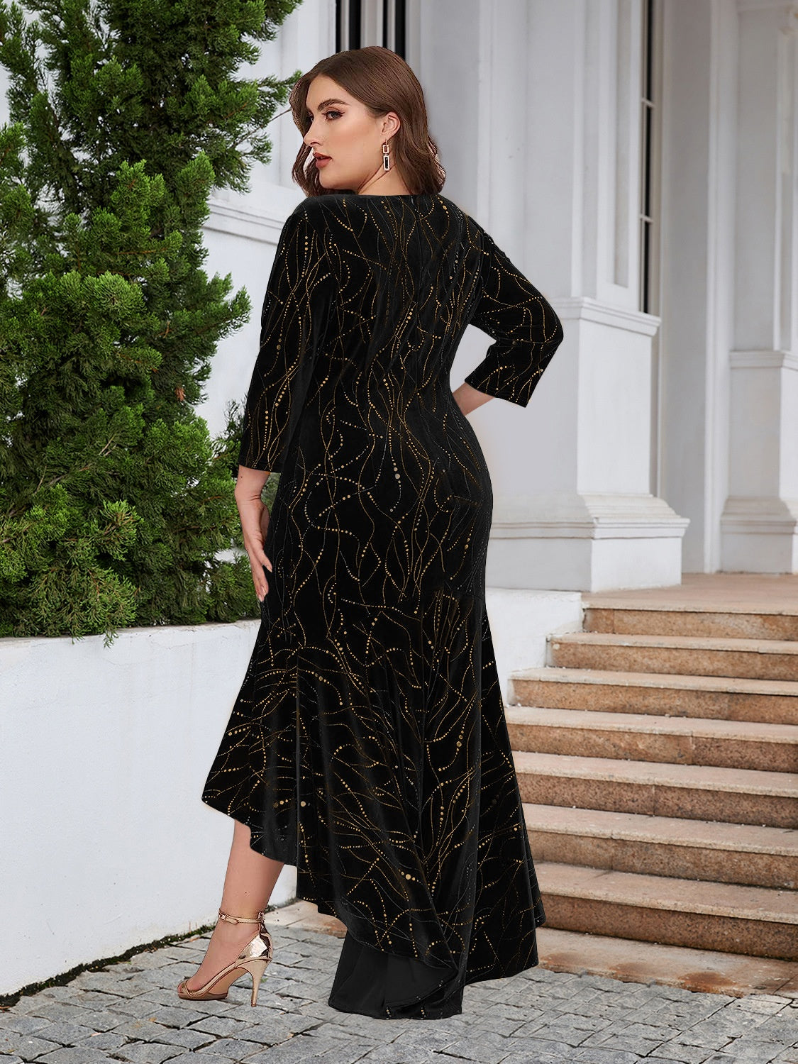 Plus size BELLA ruffle hem high-low dress with flowing fabric and layered design, perfect for trendy occasions.
