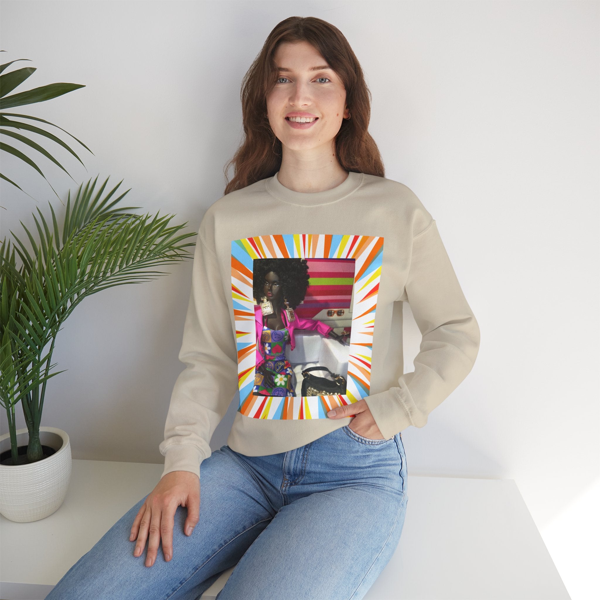 BELLA Printify PDW crewneck sweatshirt in soft fabric with a stylish printed design, displayed on a hanger.