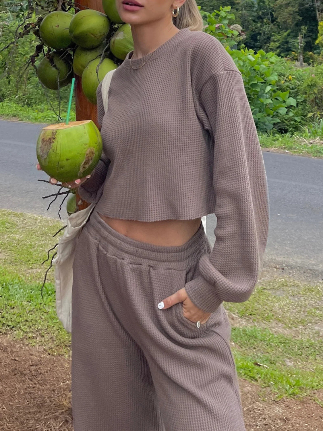 BELLA Waffle-Knit Round Neck Top and Pants Set in a cozy, textured fabric, featuring a relaxed fit and matching ribbed cuffs.