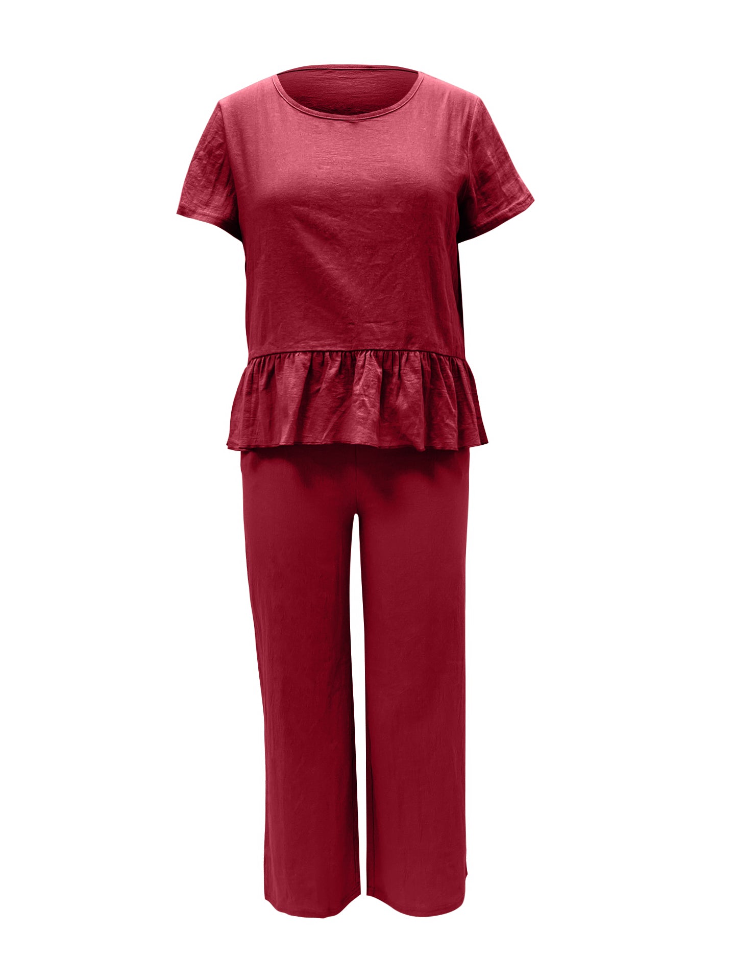 BELLA Trendsi peplum round neck short sleeve top and matching pants set, stylish and comfortable fashion ensemble.