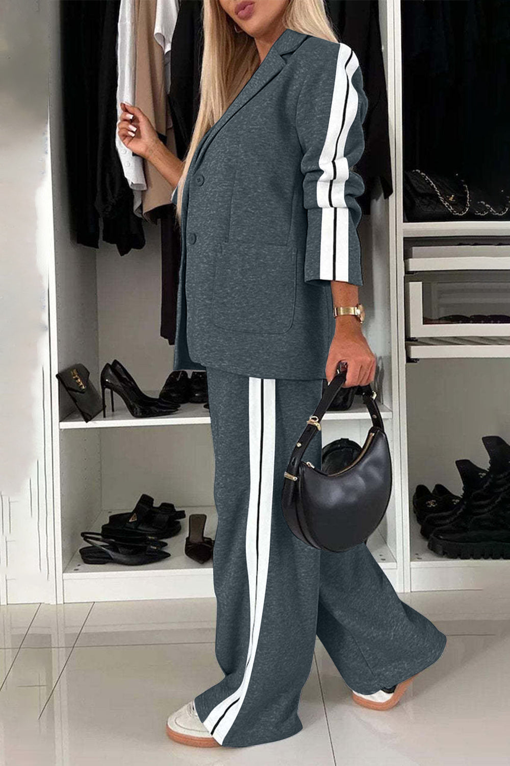 BELLA Trendsi full size contrast lapel collar top and pants set, featuring a stylish coordinated outfit with a lapel collar design.