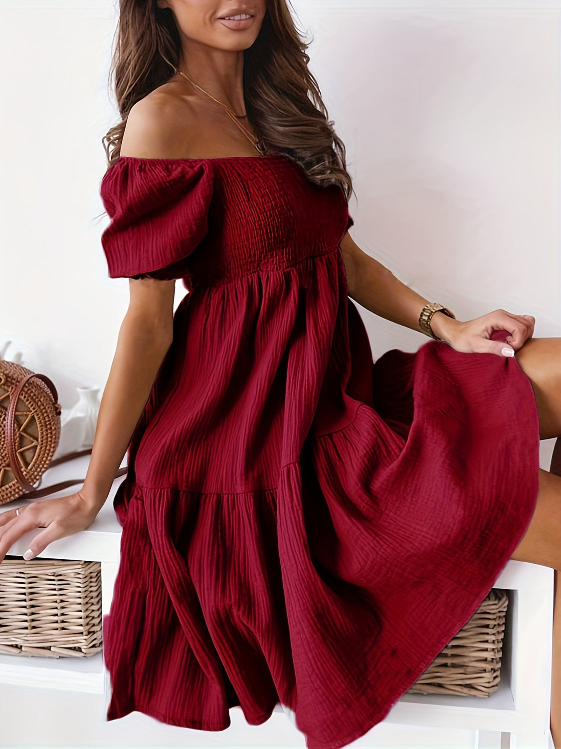 BELLA trendsi full-size off-shoulder dress with ruffled short sleeves, lightweight fabric, and a stylish, feminine design.