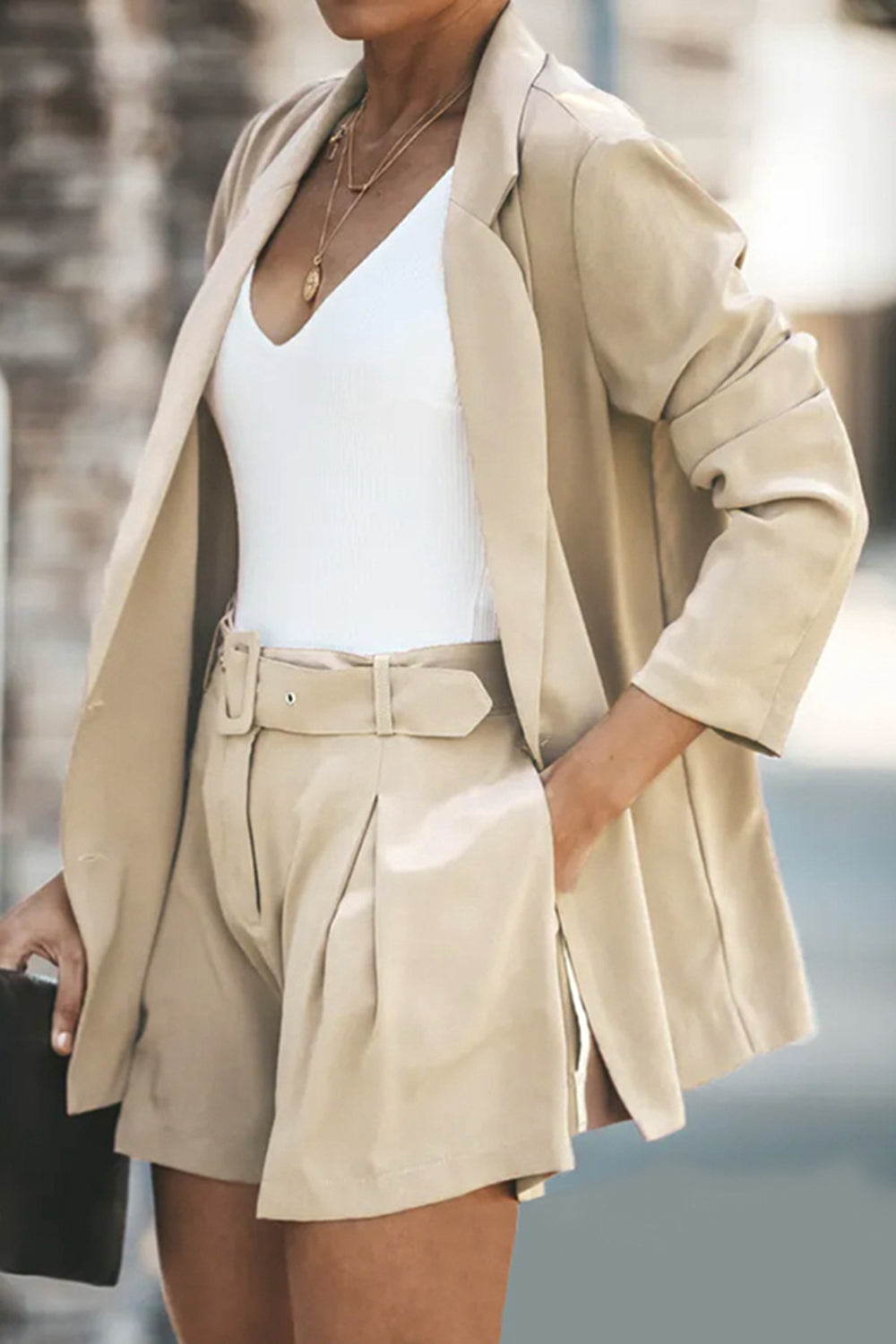 BELLA longline blazer and shorts set with pockets, stylish women's fashion outfit, featuring a tailored blazer and matching shorts.