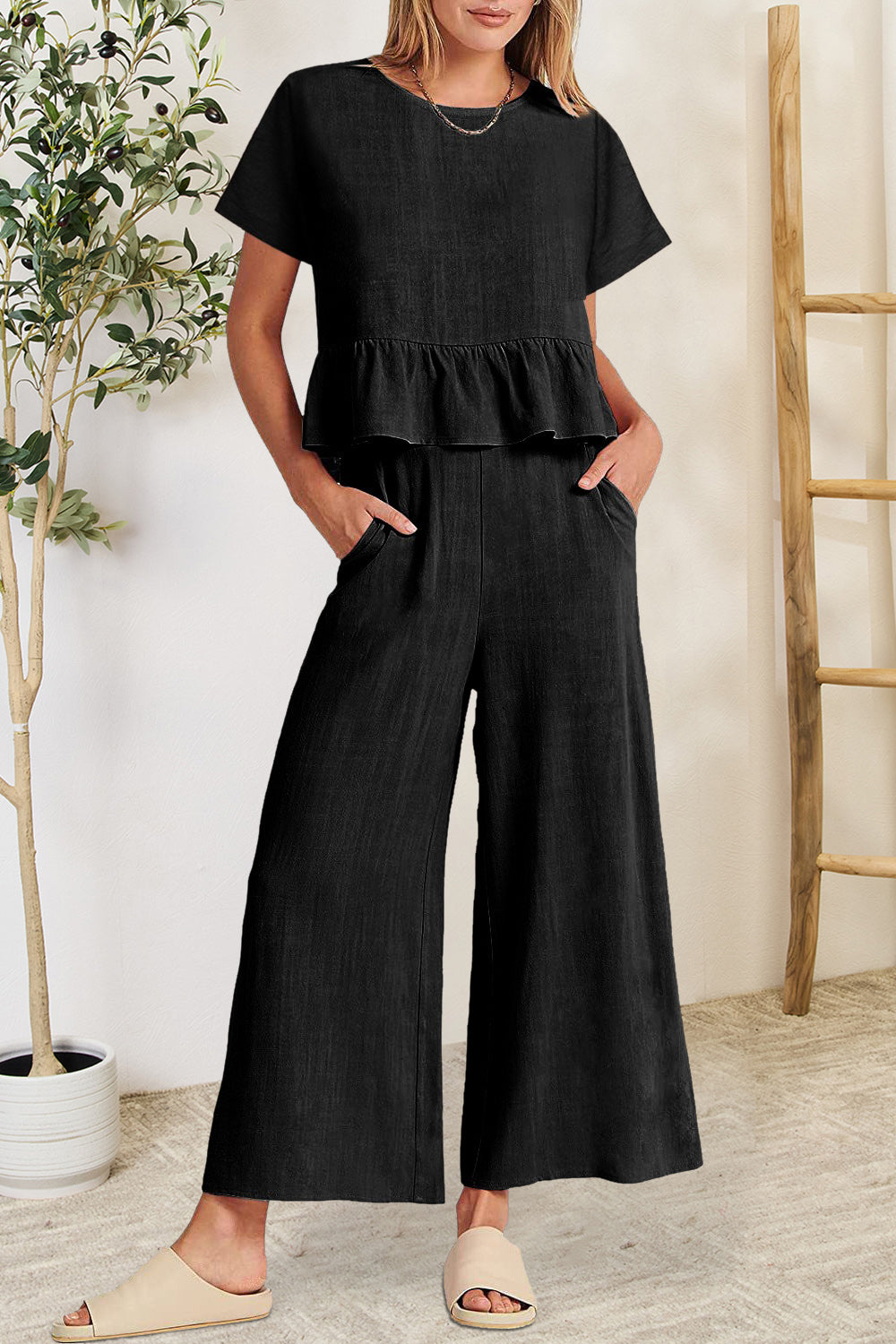 BELLA trendsi peplum round neck short sleeve top and matching pants set, stylish and comfortable casual outfit.