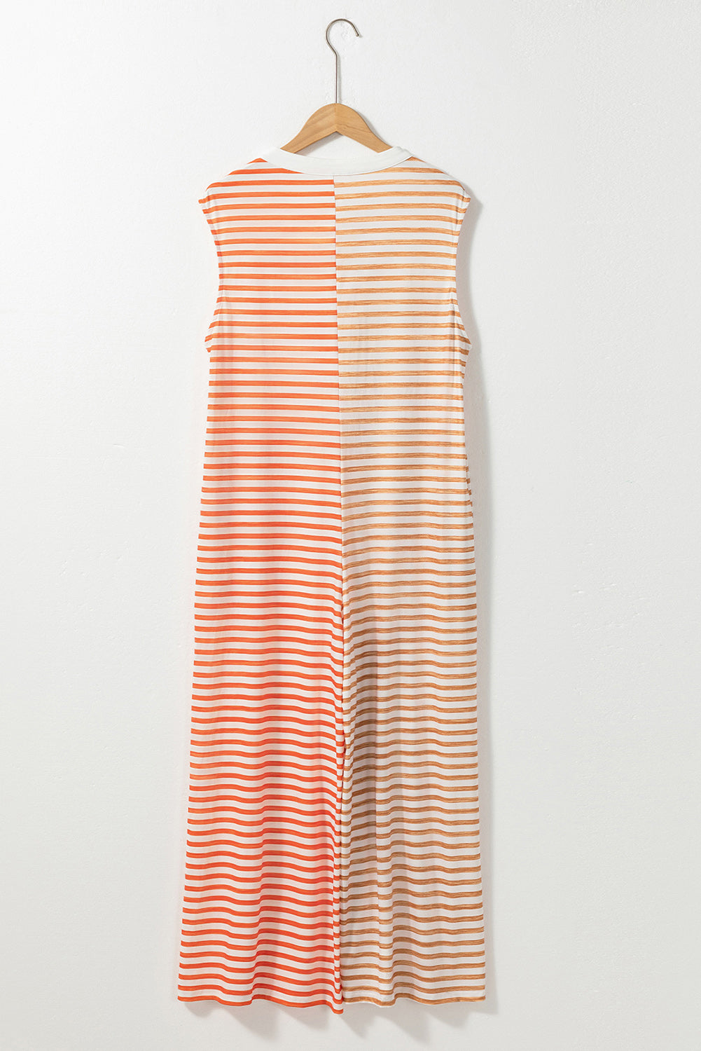 Striped sleeveless jumpsuit with round neckline from BELLA by Trendsi, featuring a stylish pattern and casual fit.