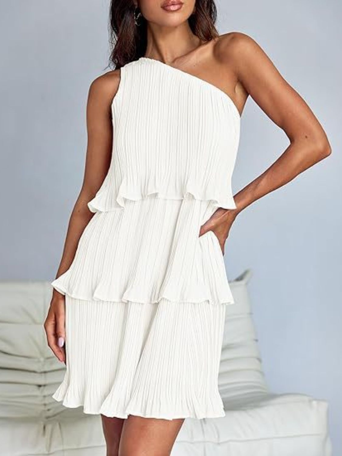 BELLA layered single shoulder mini dress from trendsi, featuring a stylish design with a single shoulder strap and layered fabric.