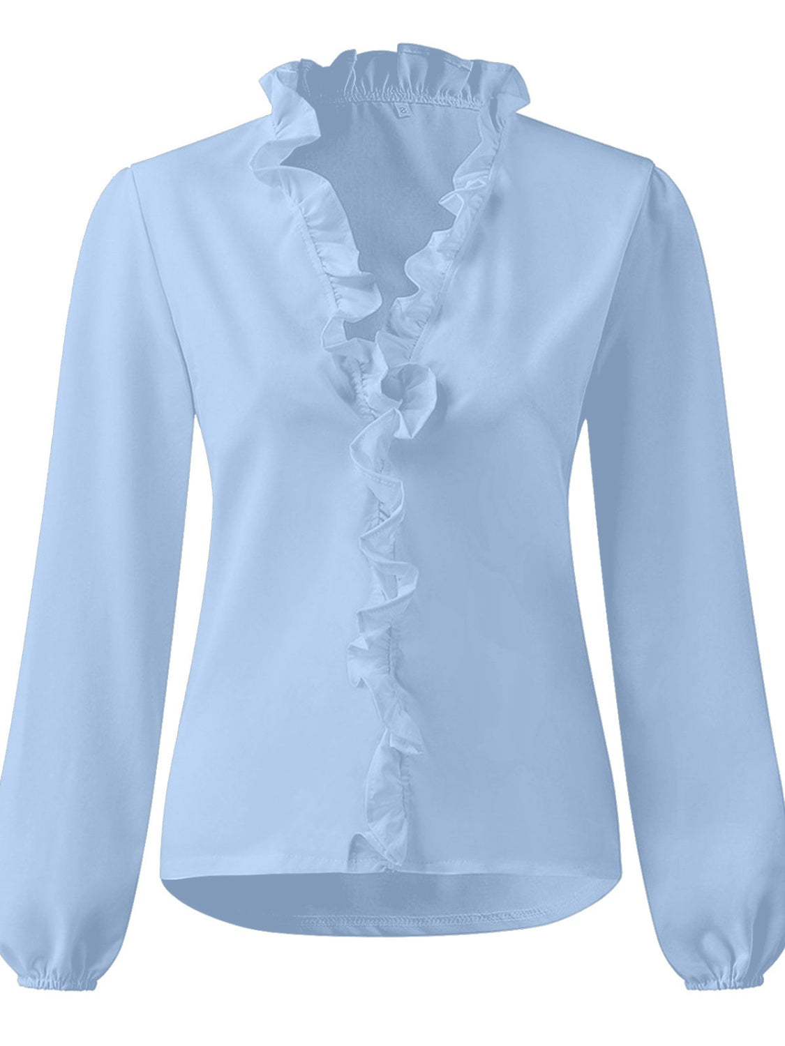 Full size ruffled v-neck long sleeve blouse from BELLA BLA featuring a stylish ruffled neckline and fitted long sleeves.
