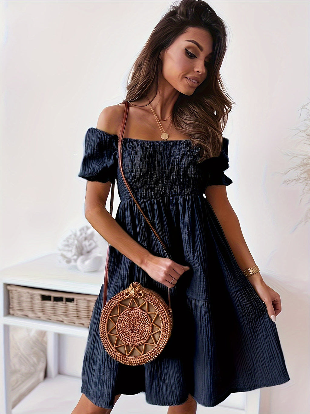 Bella Trendsi full size ruffled off-shoulder short sleeve dress displayed on a model, featuring a stylish off-shoulder neckline and ruffle details.