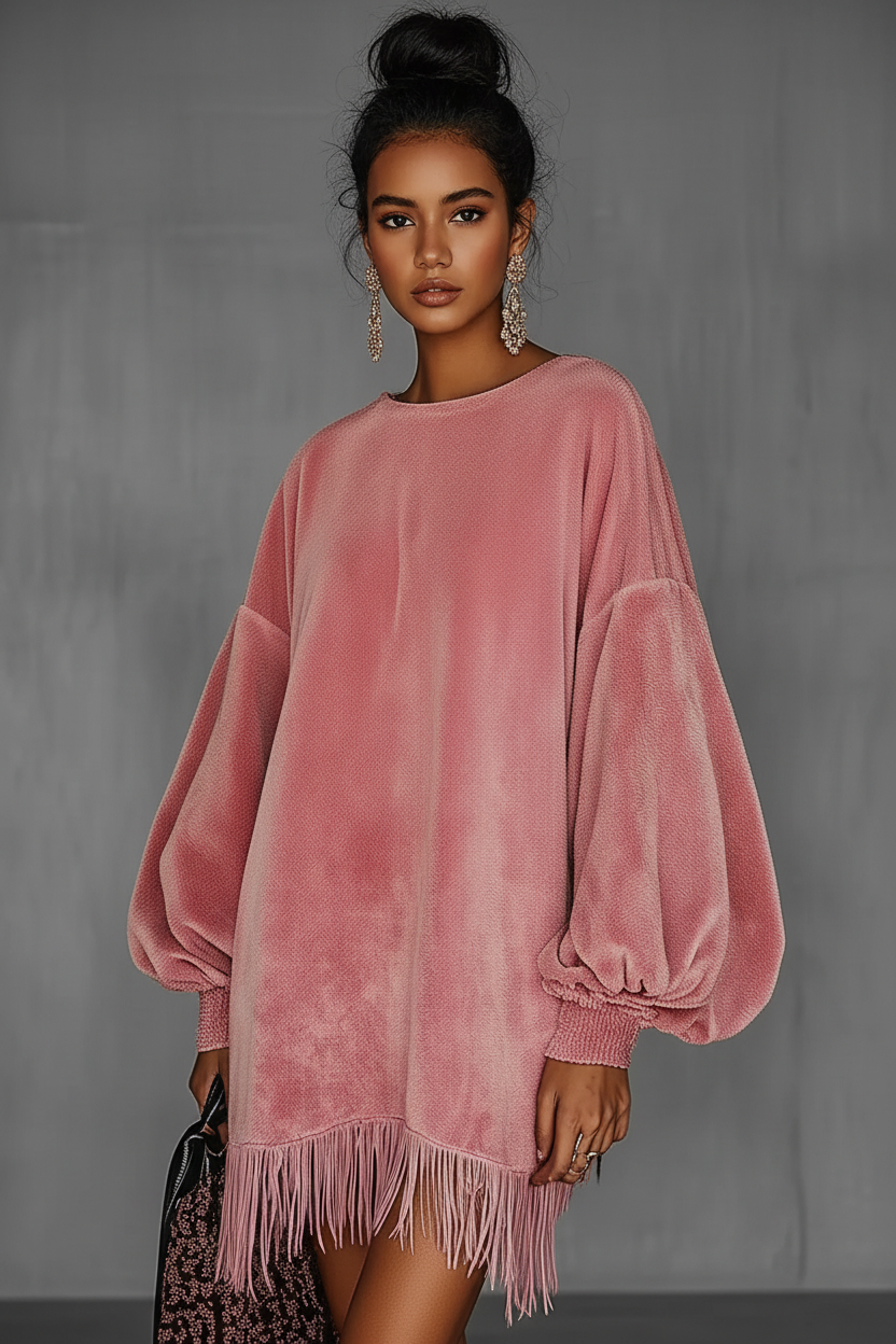 Velvet Fringe Hem Mini Dress