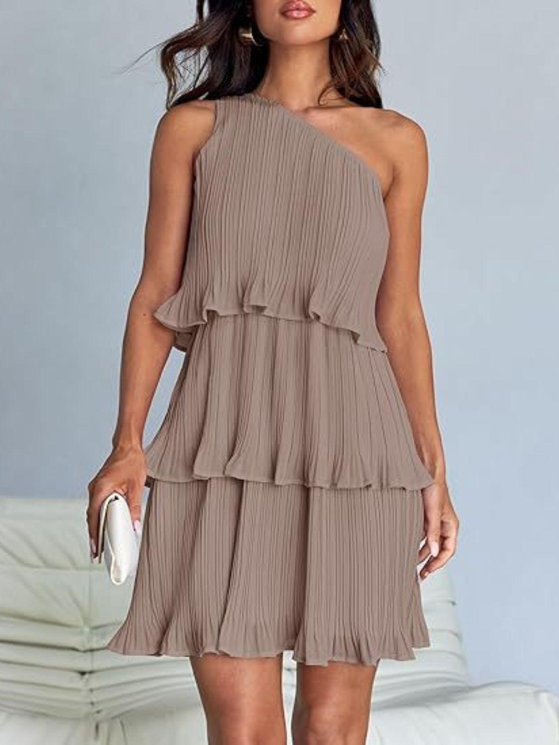 BELLA layered single shoulder mini dress from trendsi, featuring a stylish one-shoulder design and layered fabric details.