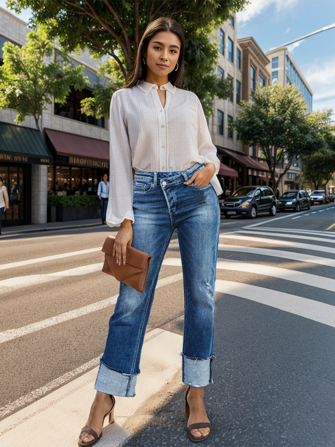 BELLA stepped waist raw hem rolled straight jeans featuring distressed details and a classic denim fit.