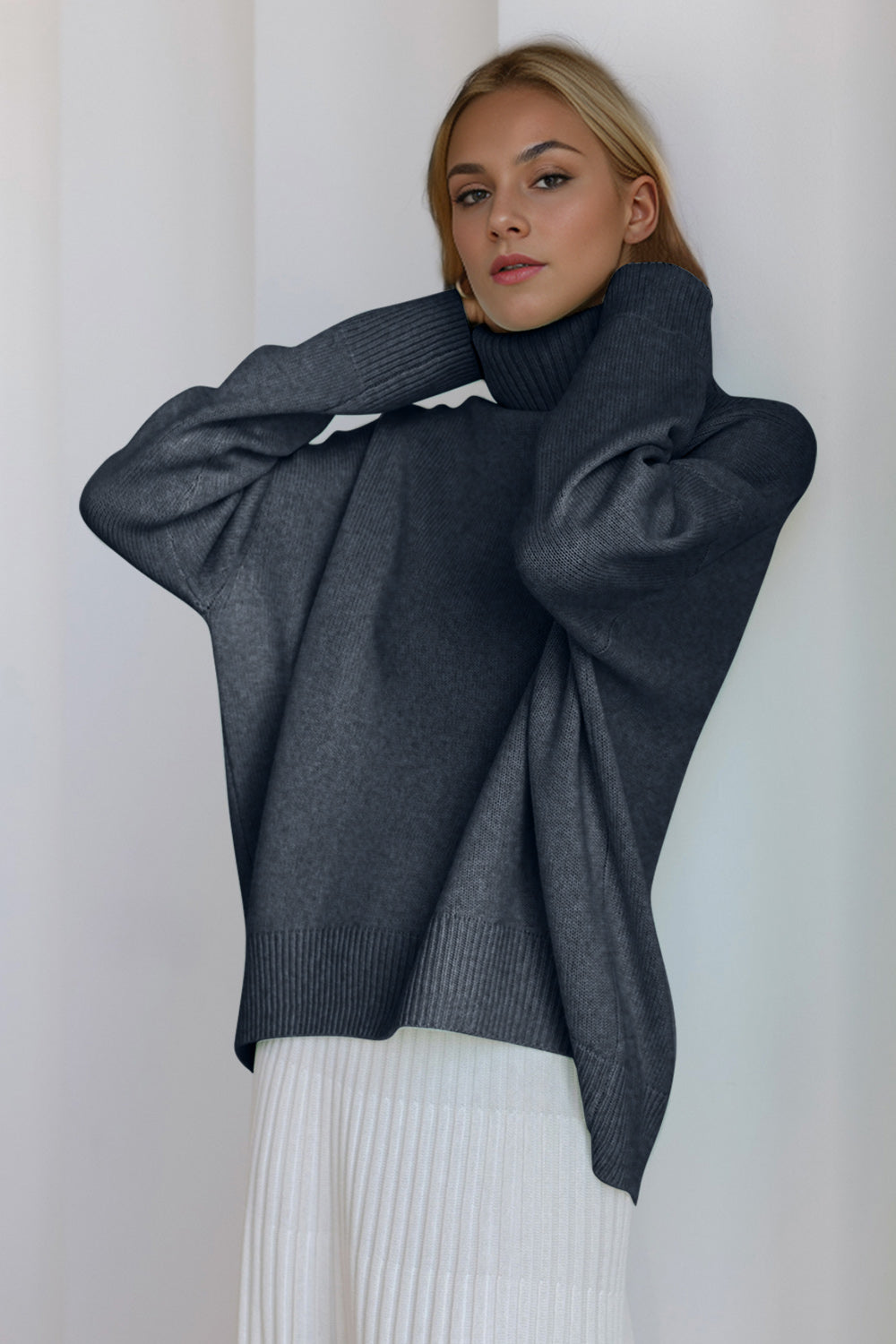 BELLA BLA turtleneck dropped shoulder long sleeve sweater, soft knit in a cozy, relaxed fit with ribbed cuffs and neckline.