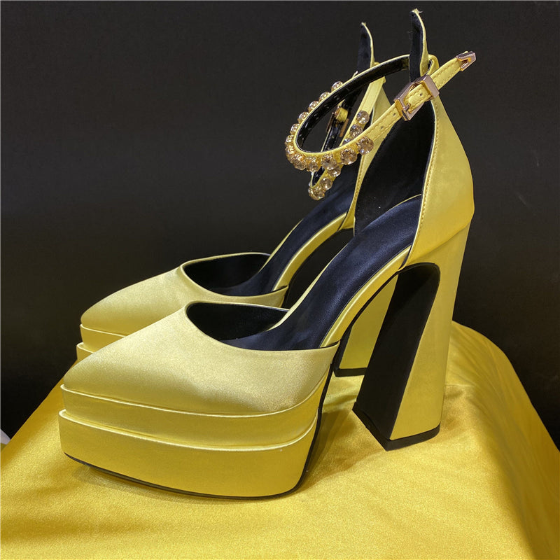 Silk Platform Rhinestone Chunky Heel