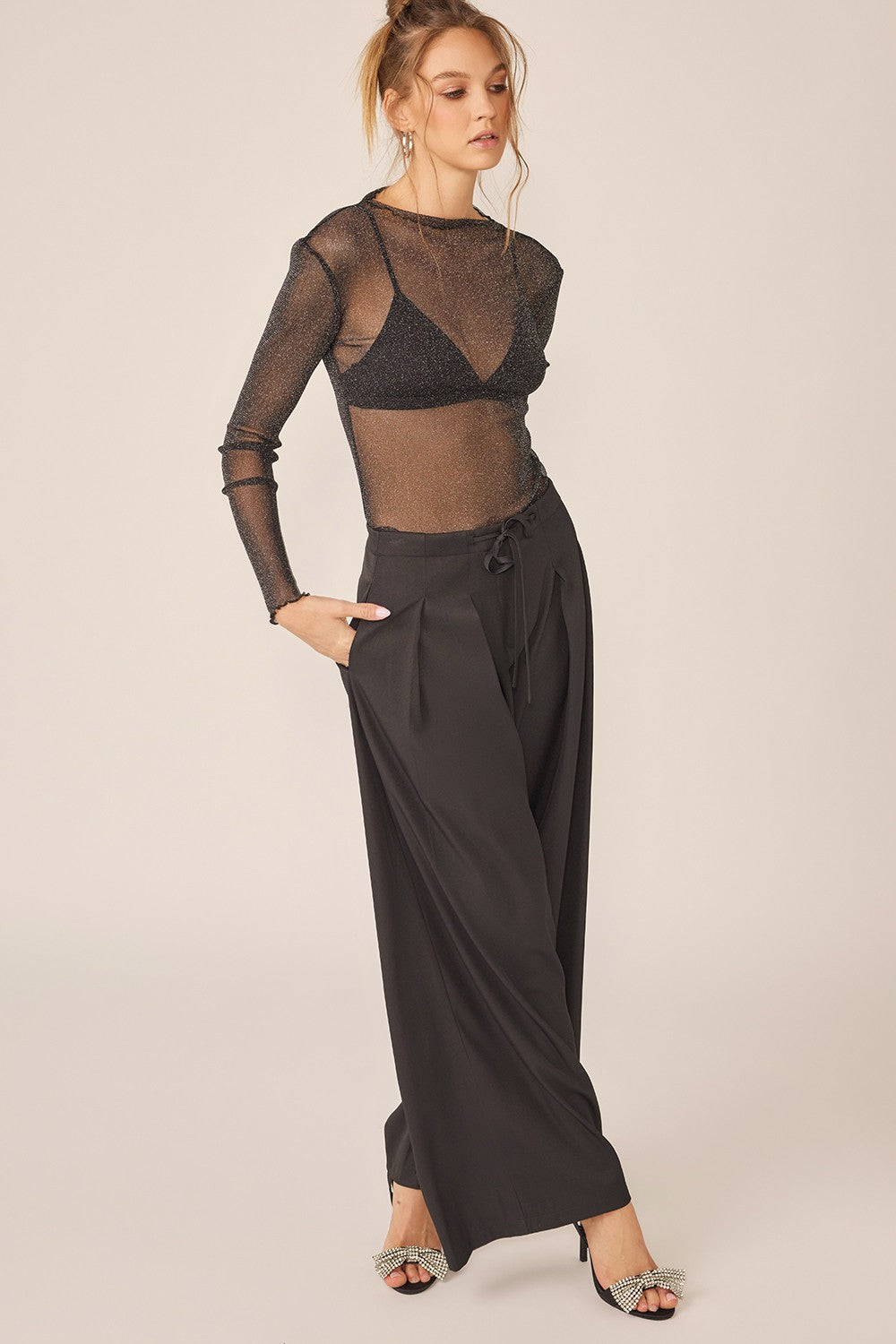 BELLA Idem Ditto sparkling glitter long sleeve sheer top with trendy sparkly accents and lightweight fabric, perfect for stylish looks.