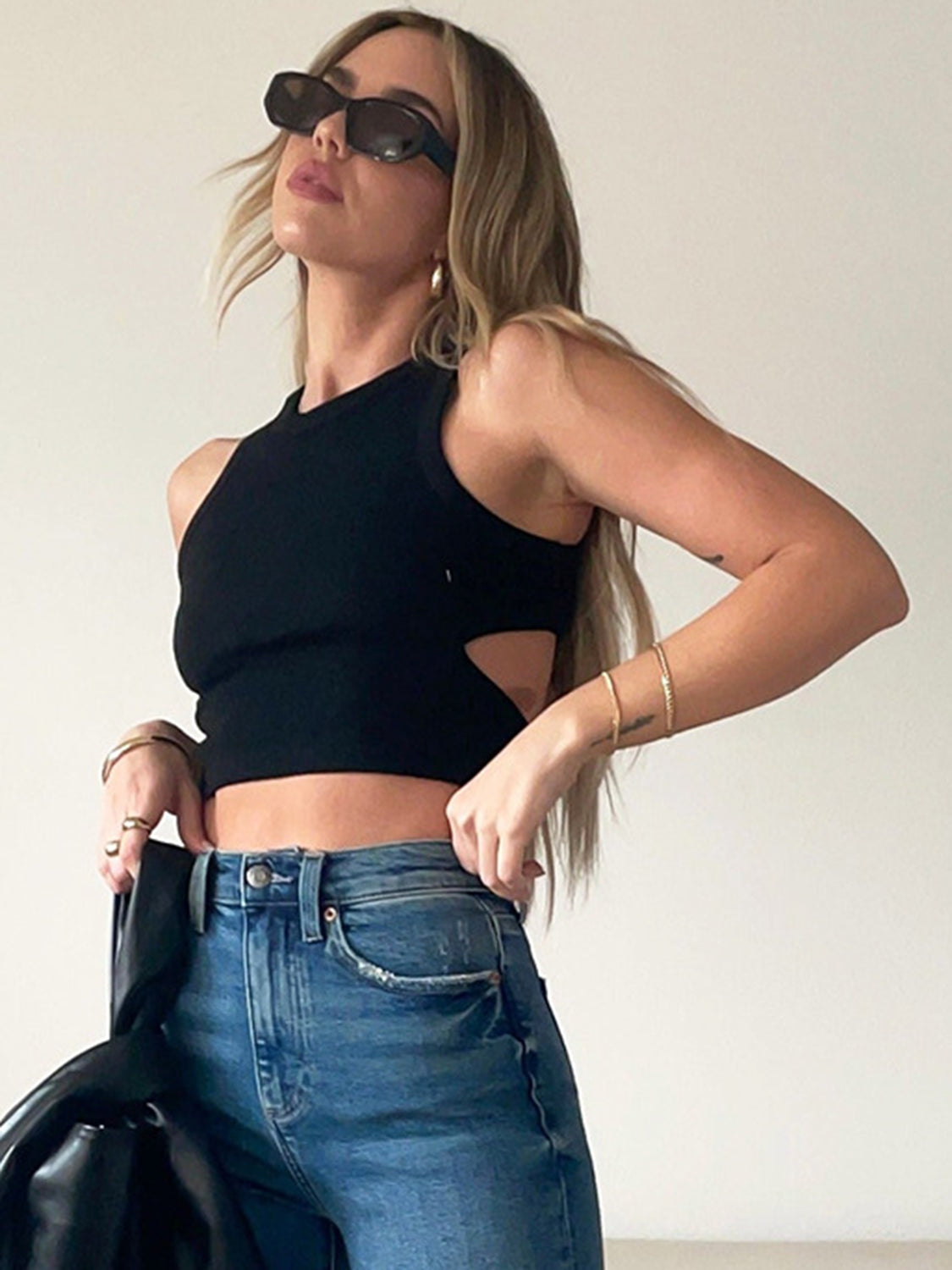 Bella BLA cutout round neck tank top, lightweight sleeveless shirt with stylish cutout details, perfect for casual summer wear.