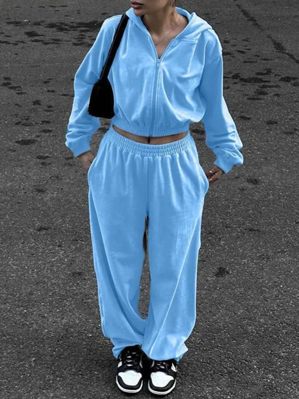BELLA BLA Zip Up Hoodie and Pocketed Pants Set from trendsi, featuring a cozy zip hoodie and matching pants with front pockets.