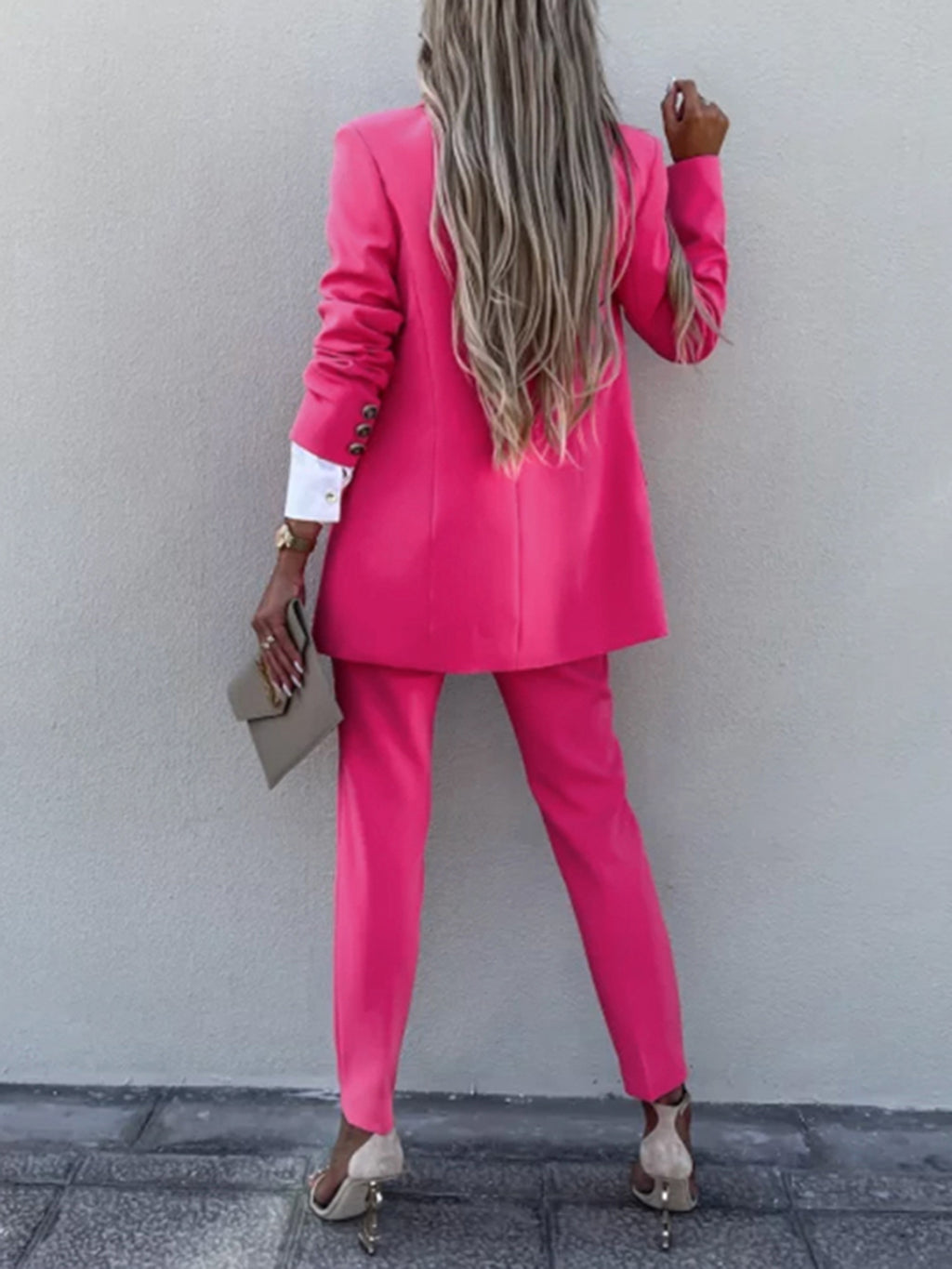 BELLA Trendsi lapel collar long sleeve blazer and matching pants set, tailored fit with stylish design, shown in a neutral color.