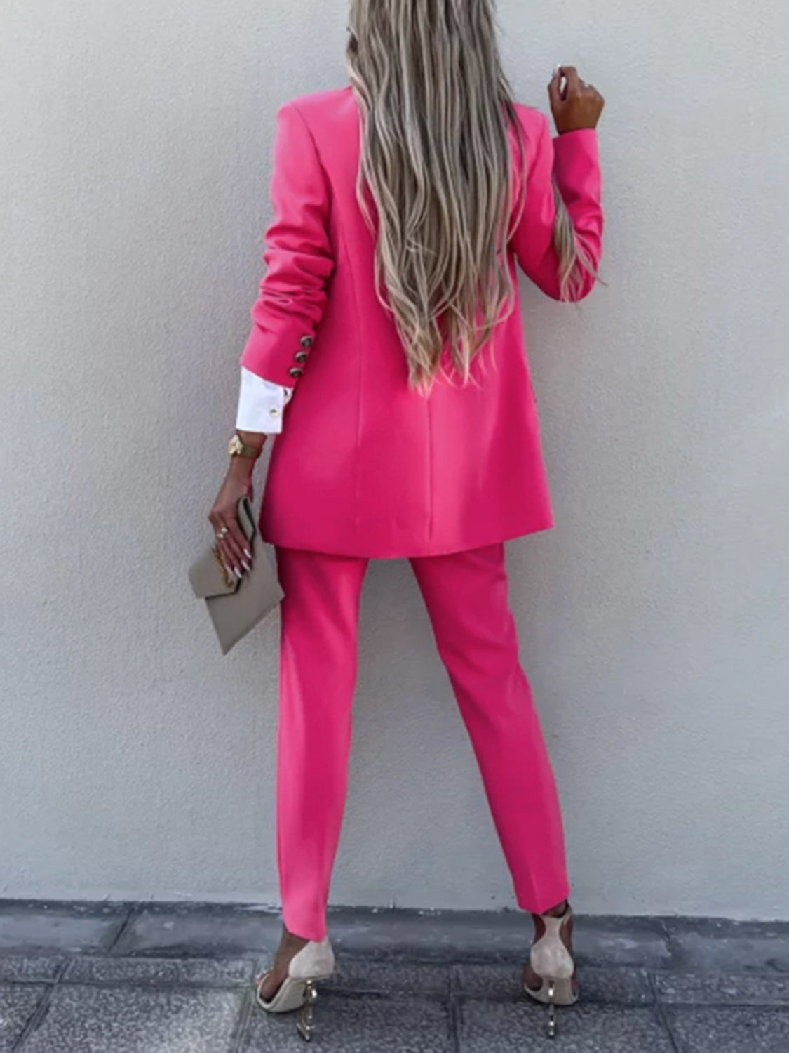 BELLA Trendsi lapel collar long sleeve blazer and matching pants set, tailored fit with stylish design, shown in a neutral color.
