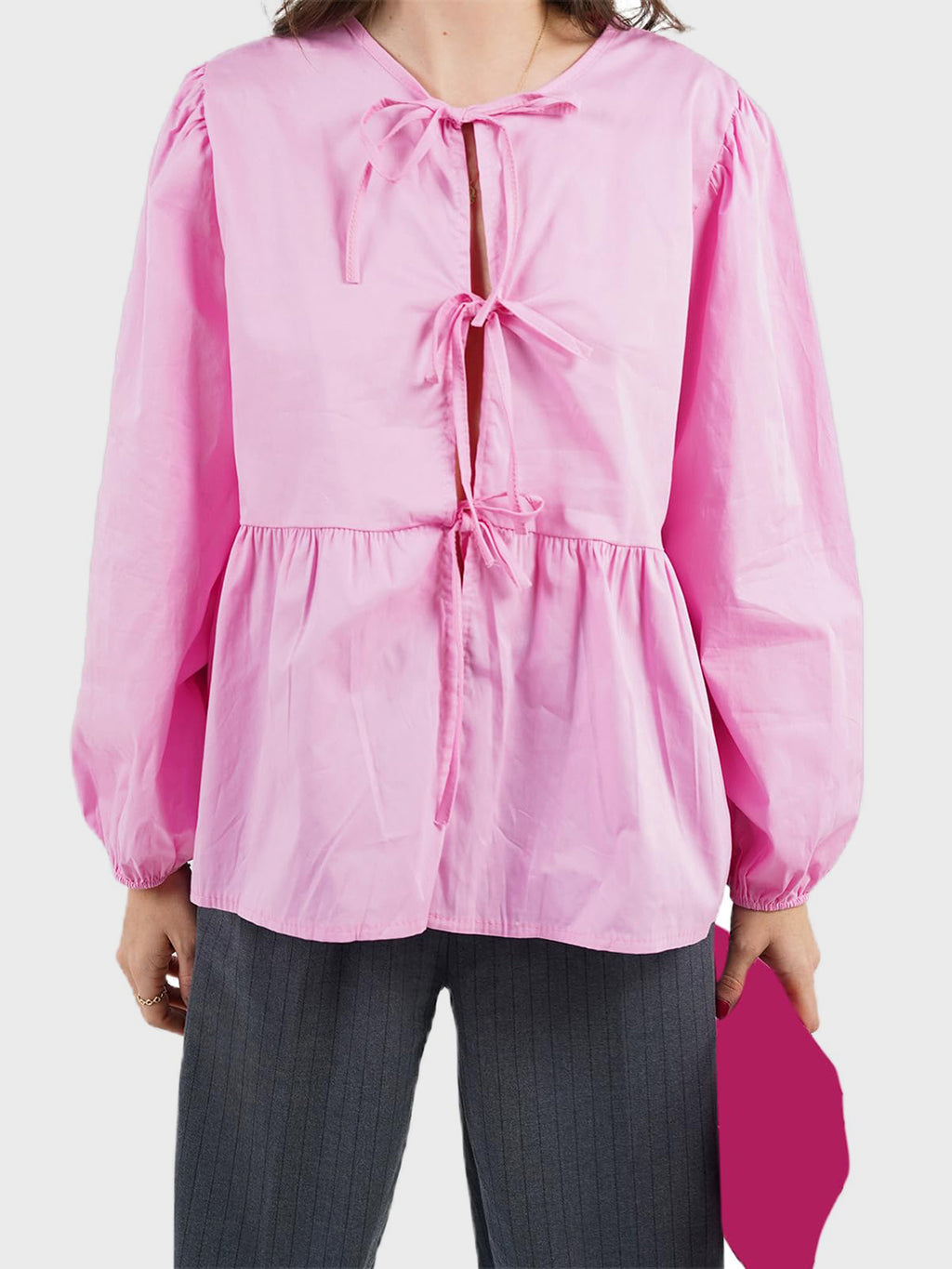 BELLA BLA tied round neck long sleeve blouse from trendsi, featuring a stylish design with a tied neckline and long sleeves.