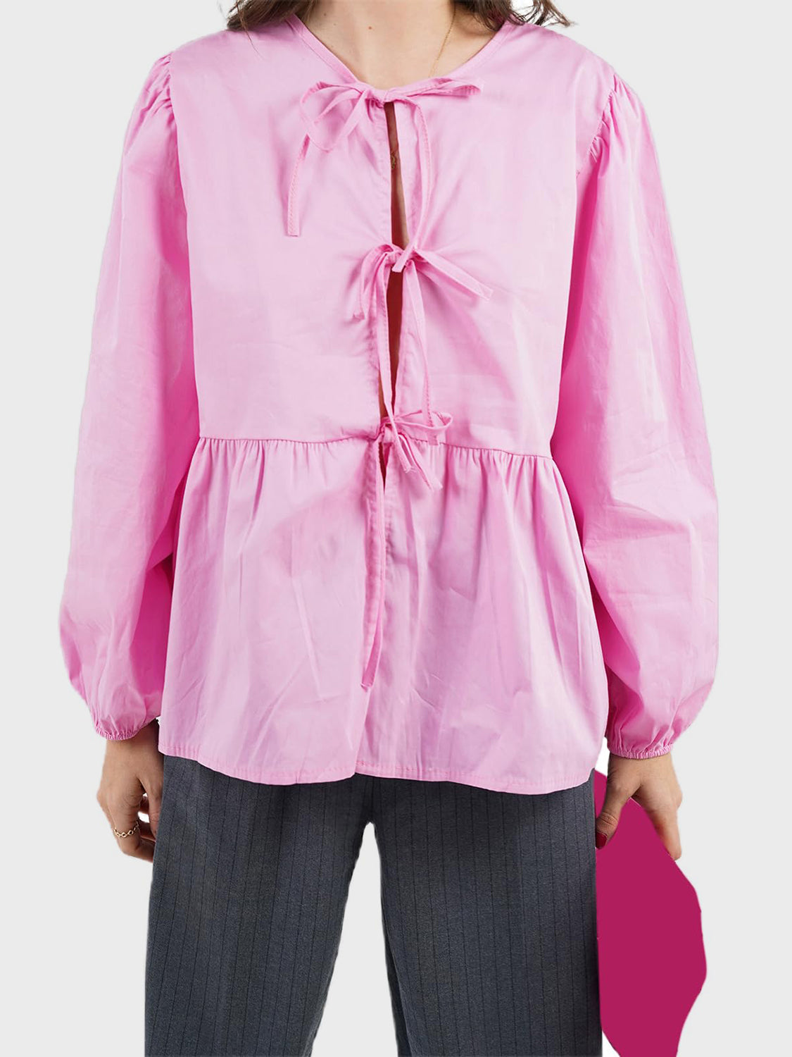 BELLA BLA tied round neck long sleeve blouse from trendsi, featuring a stylish design with a tied neckline and long sleeves.