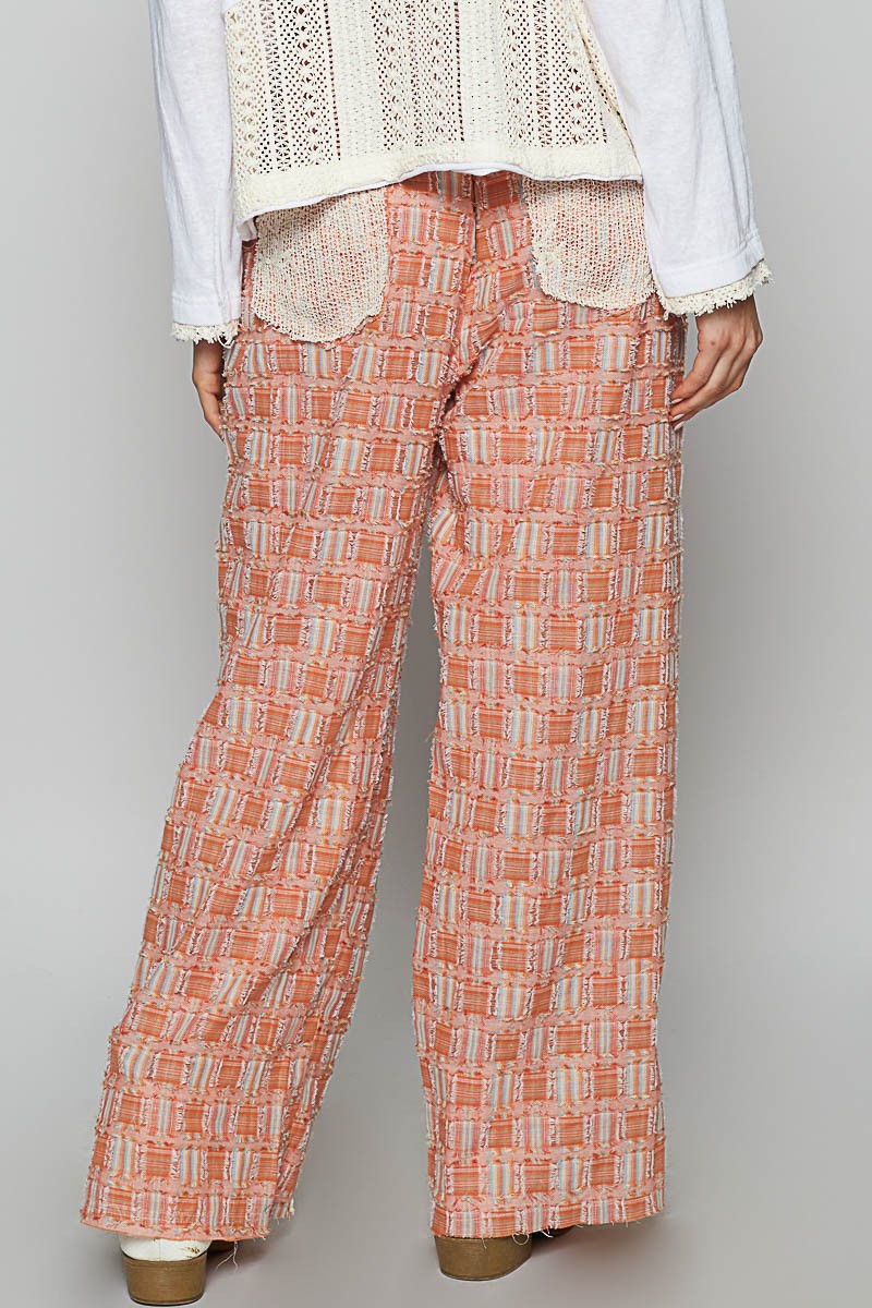 Lace Trim Drawstring Checkered Wide Leg Pants