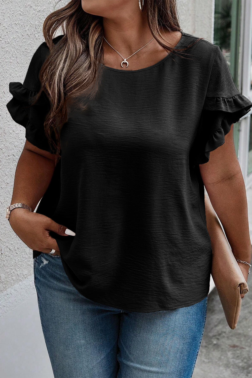 Plus size BELLA ruffled round neck short sleeve blouse, stylish and comfortable, with feminine ruffle details and a classic fit.