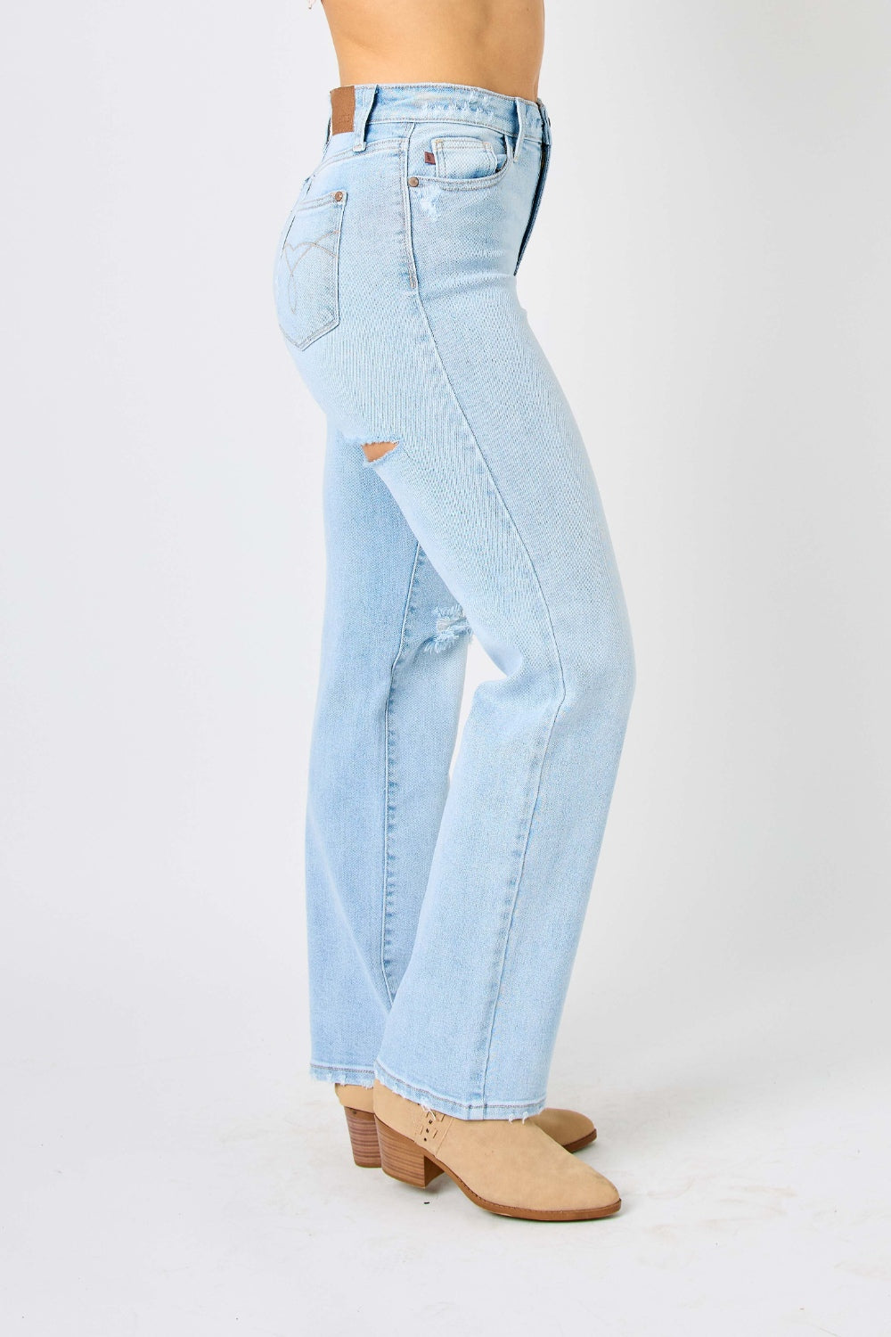 Bella Judy Blue high waist distressed straight jeans for women, featuring full size fit and trendy ripped details.