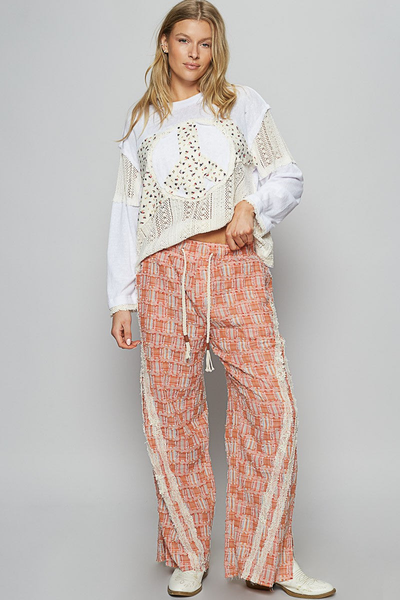 Lace Trim Drawstring Checkered Wide Leg Pants