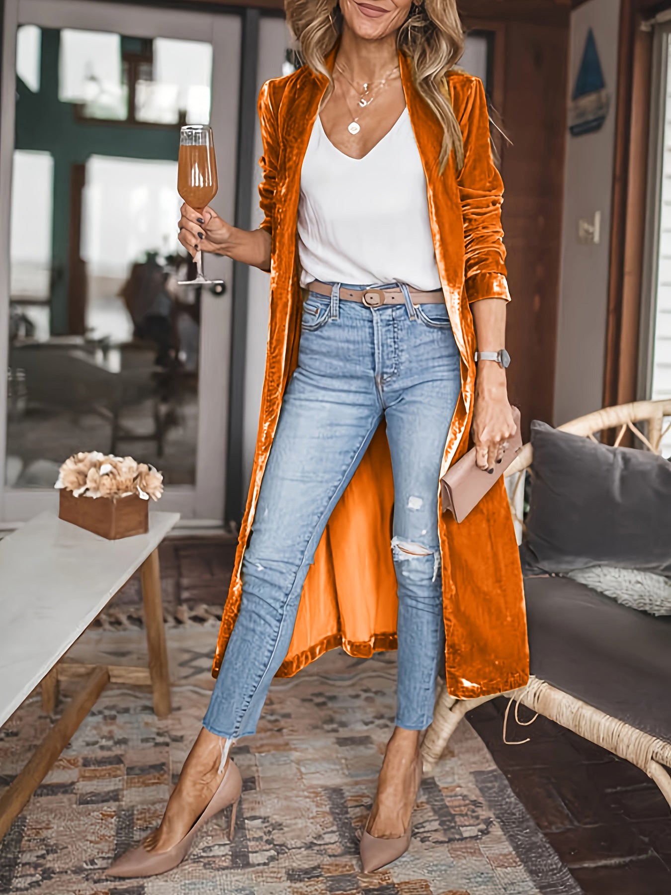 Open front long sleeve coat by BELLA BLA featuring a stylish design and cozy fabric, perfect for layering in cooler weather.