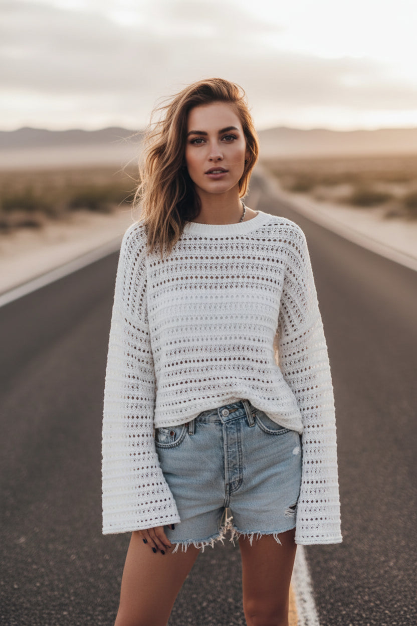 BELLA openwork round neck dropped shoulder knit top, stylish lightweight sweater with intricate openwork design and relaxed fit.