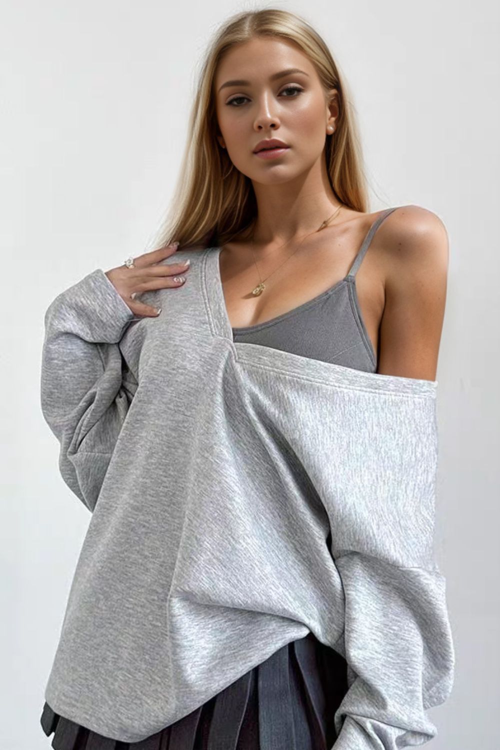 V-Neck Dropped Shoulder Long Sleeve Sweatshirt with Bra