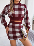 BELLA plaid round neck top and skirt sweater set with a cozy, stylish design, featuring a classic pattern and comfortable fit.