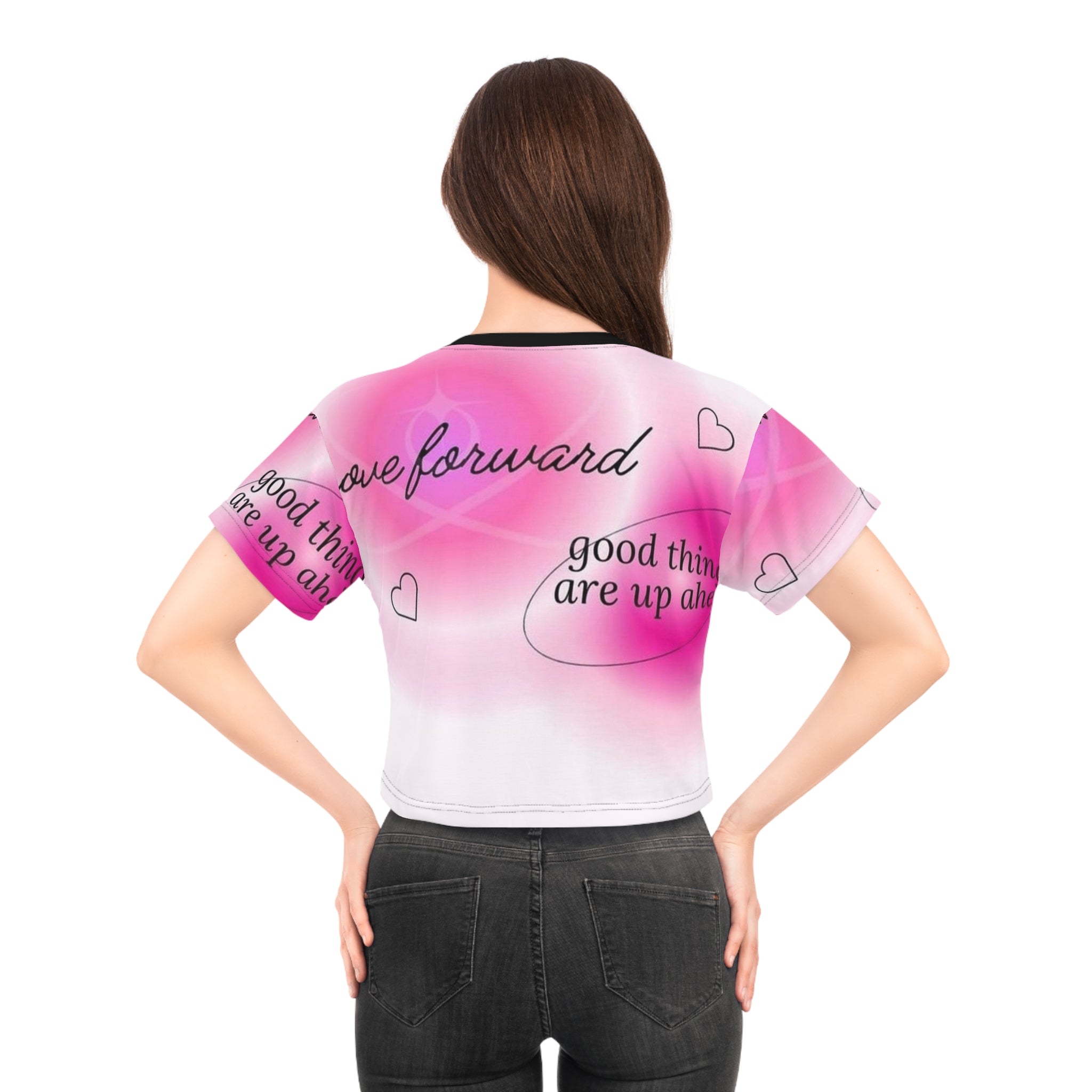 BELLA Good Things are Up Ahead Crop Tee with positive print design, casual fit, and comfortable fabric for everyday wear.