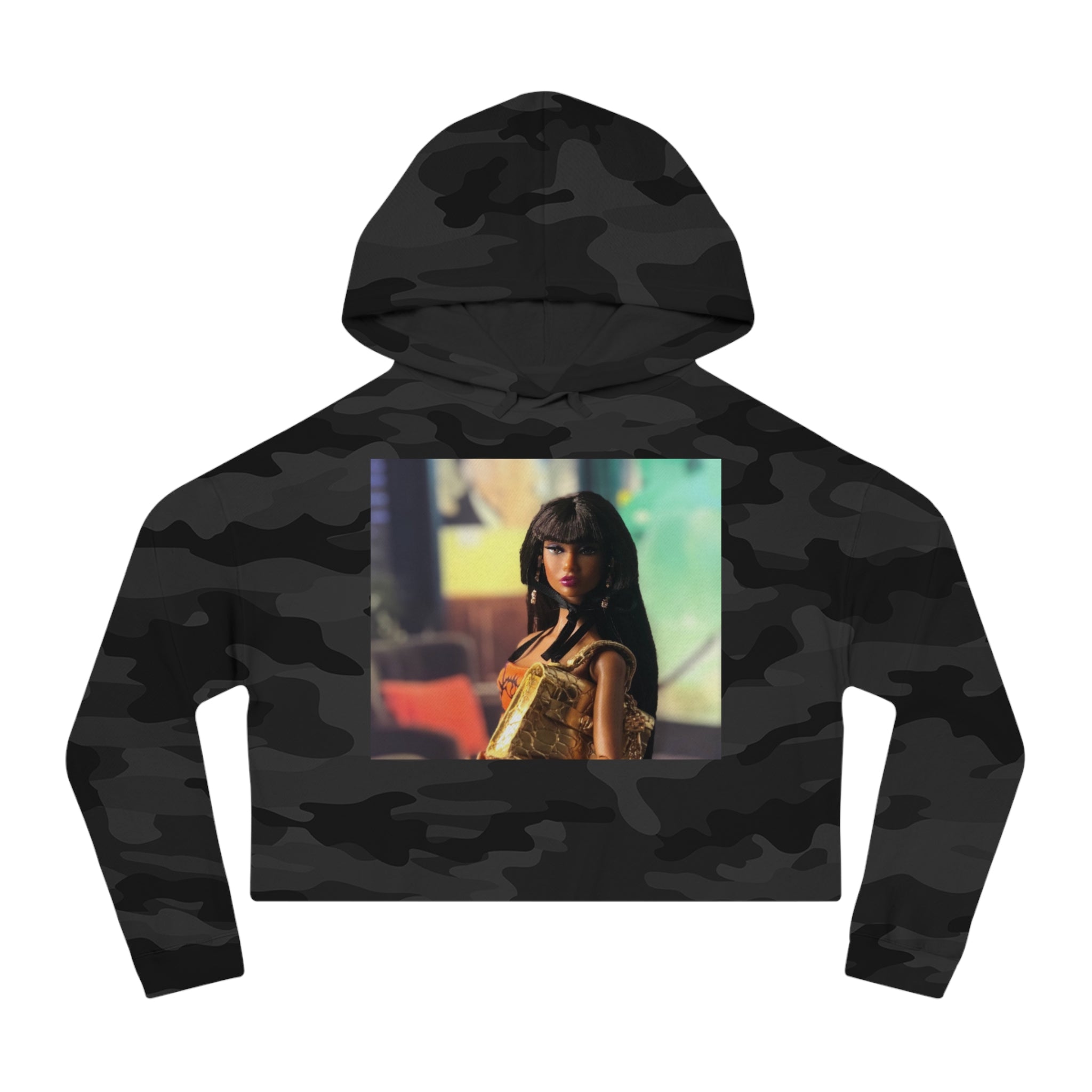 BELLA Pretty Doll World cropped hooded sweatshirt with colorful print, casual fit, and hood, designed for stylish comfort.