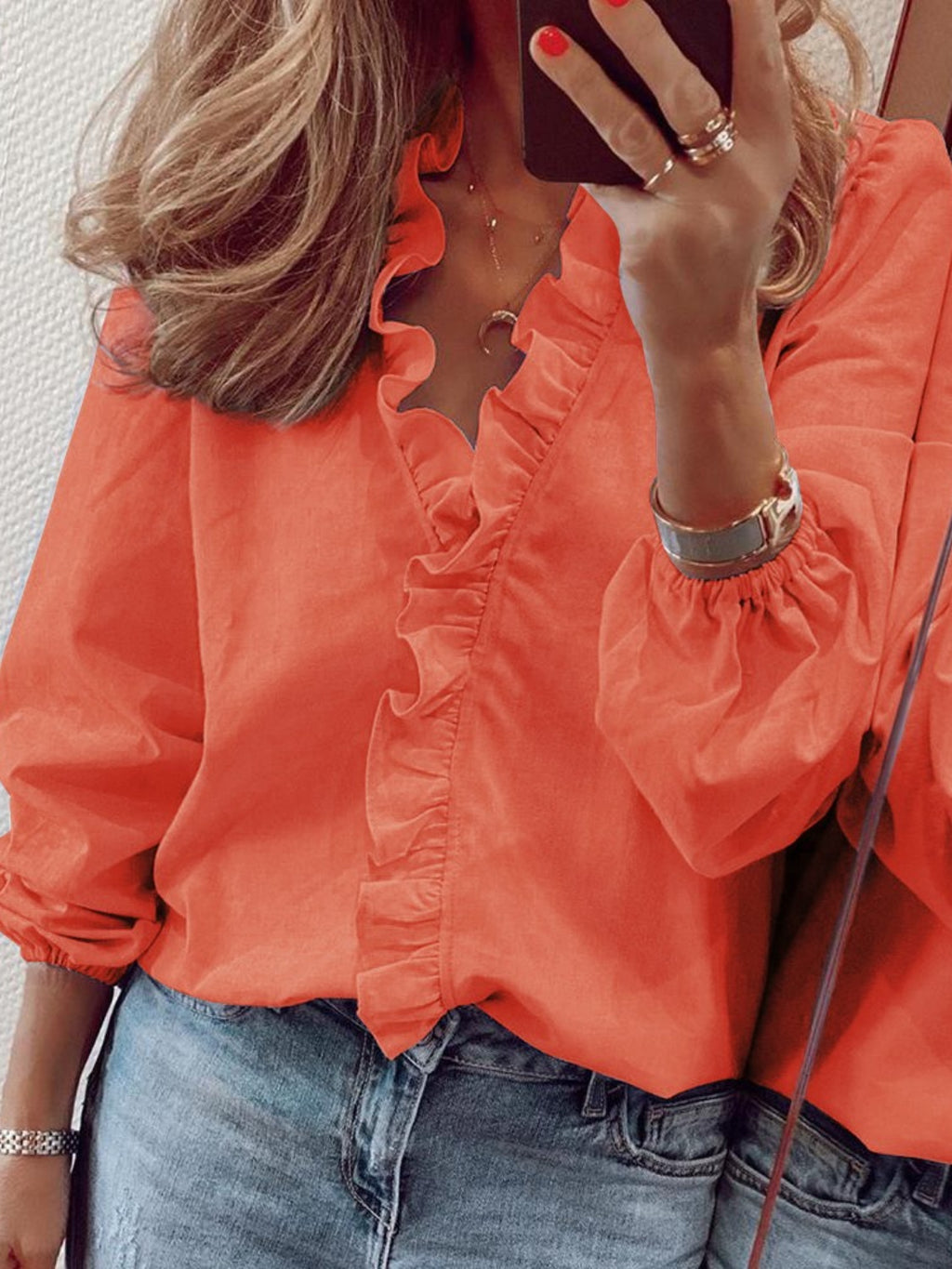 Full size BELLA BLA ruffled V-neck long sleeve blouse with feminine details and a relaxed fit, perfect for casual or dressy occasions.