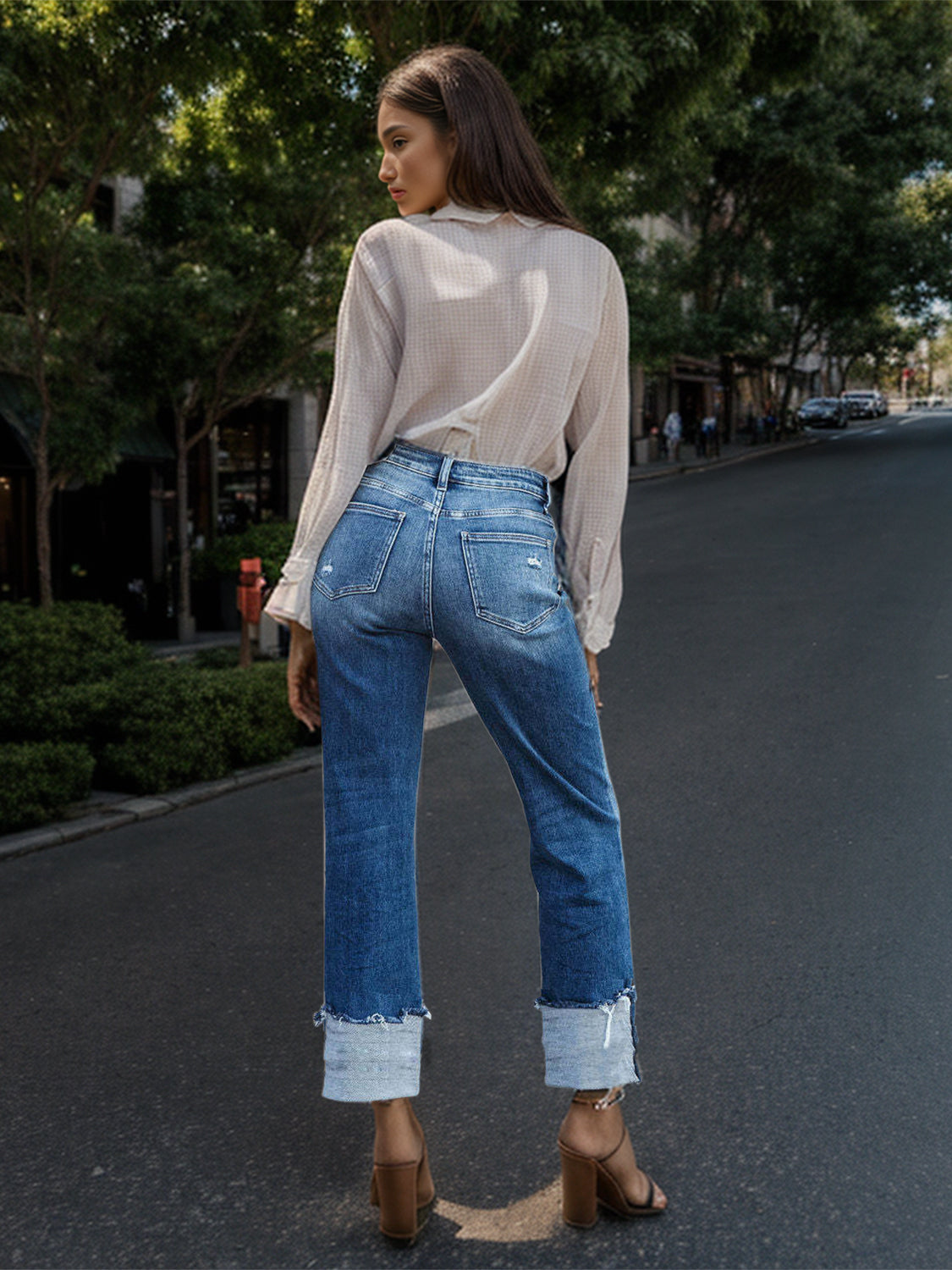 BELLA Trendsi stepped waist raw hem rolled straight jeans showing distressed details and casual fit on a model.