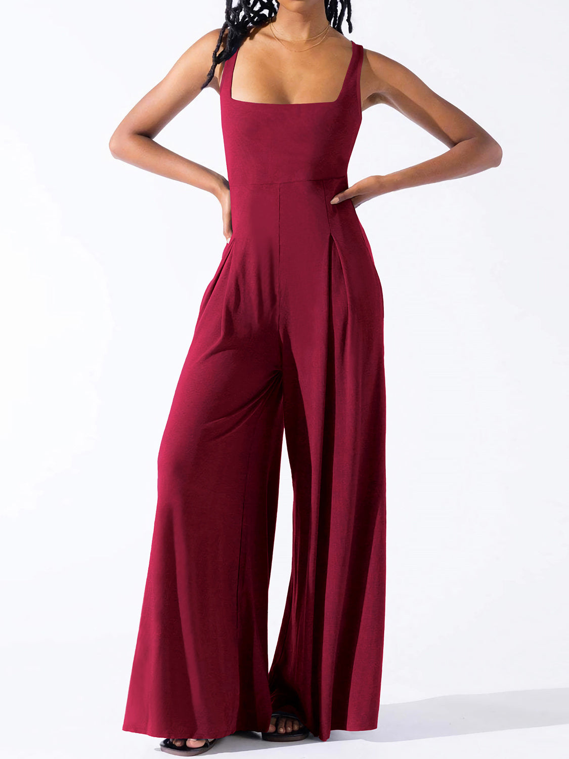 BELLA Square Neck Wide Strap Jumpsuit from Trendsi, shown in a stylish design with wide straps and square neckline.
